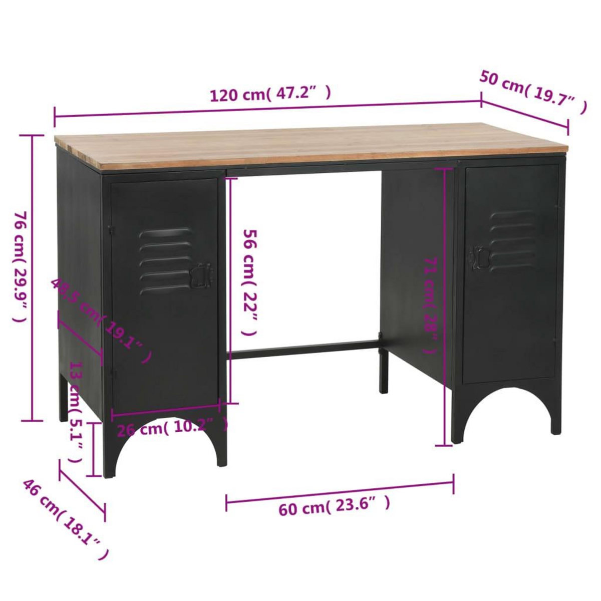 VIDAXL Bureau a double piedestal Bois de sapin et acier 120x50x76 cm
