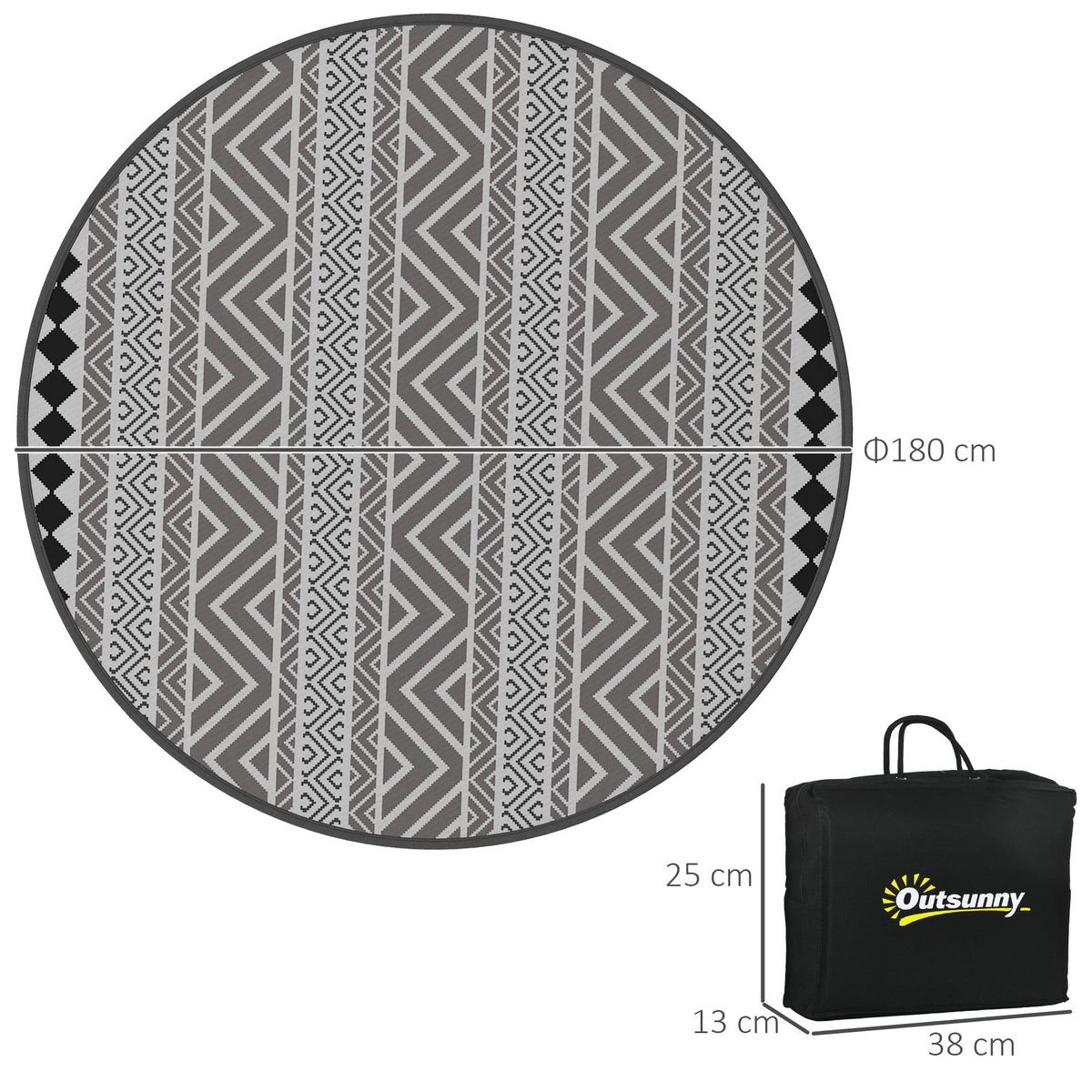 OUTSUNNY Tapis d'extérieur réversible imperméable Ø 180 cm sac de transport PP multicolore