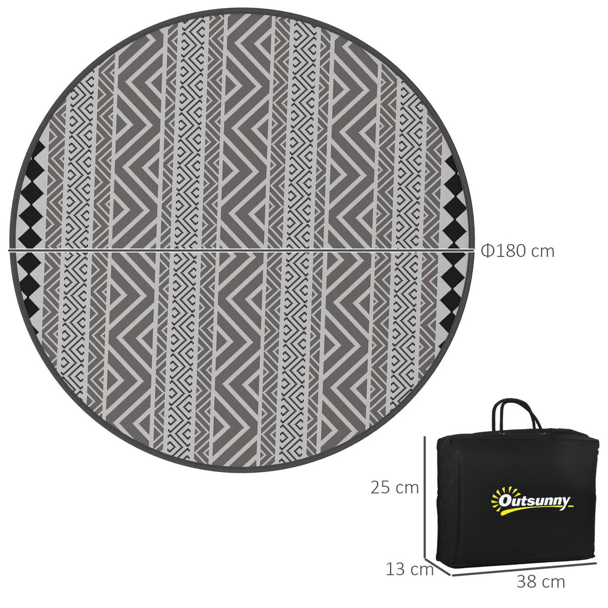 OUTSUNNY Tapis d'extérieur réversible imperméable Ø 180 cm sac de transport PP multicolore