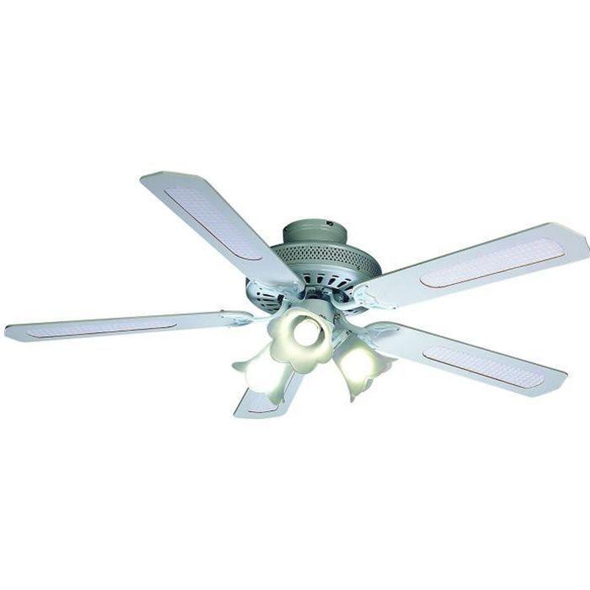 Voir la diapositive 2 : Farelek Ventilateur de plafond reversible, 5 pales blanches / cannees blanches + eclairage