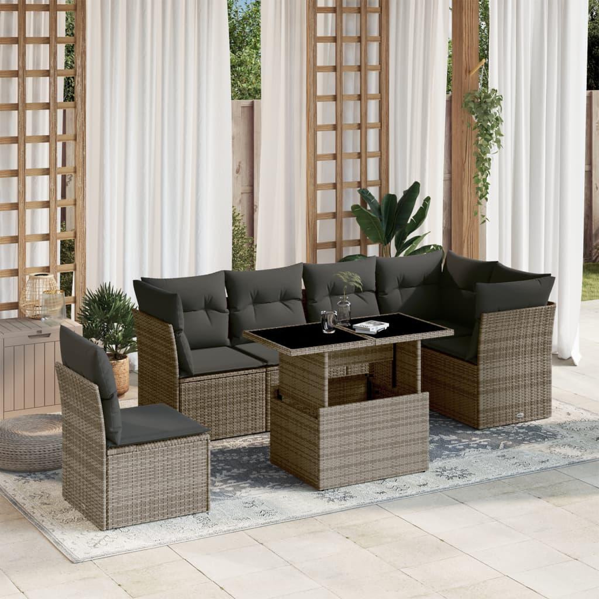 VIDAXL Salon de jardin avec coussins 7 pcs gris resine tressee