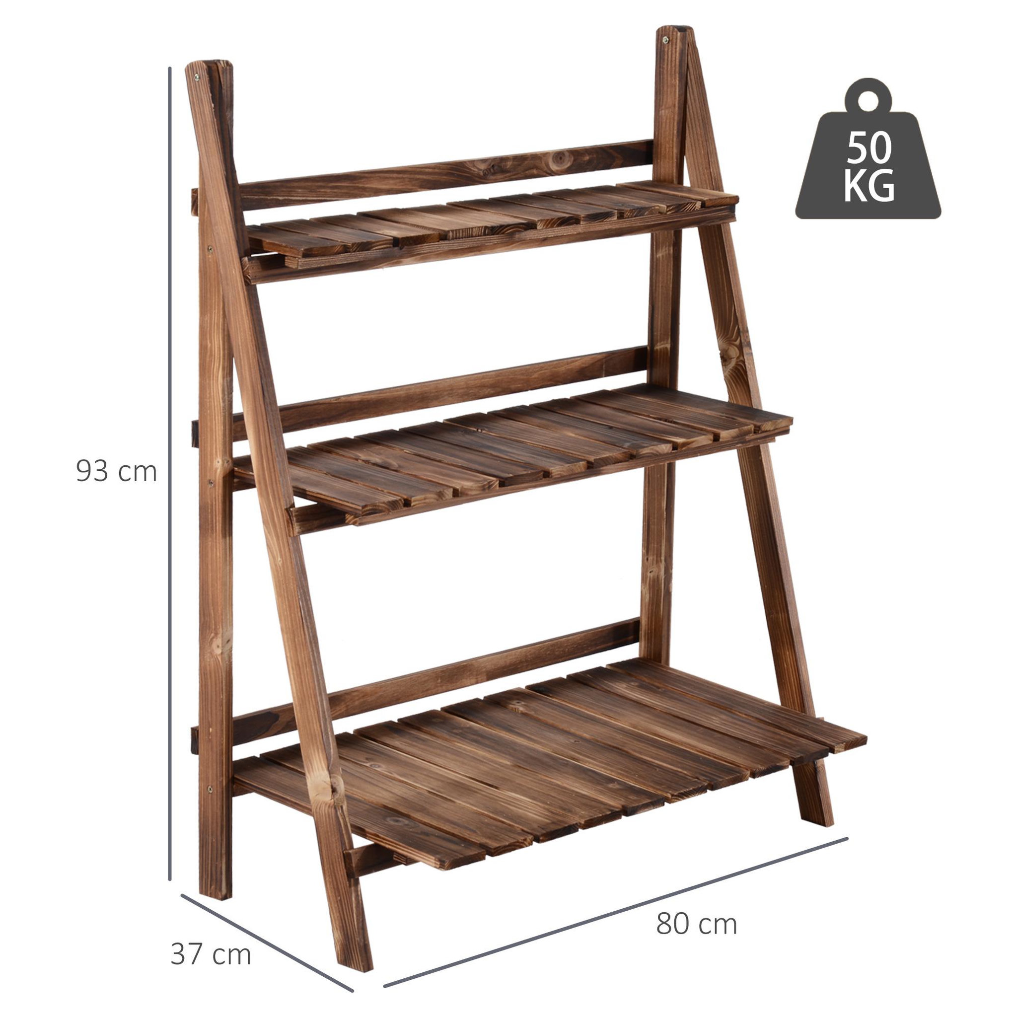 Voir la diapositive 3 : OUTSUNNY Étagère à plantes forme pyramidale échelle pliante avec 3 étagères - dim. 80L x 37l x 93H cm - bois sapin traité carbonisation