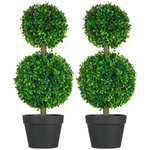 HOMCOM Lot de 2 arbres buis artificiel double boules avec tronc et pot inclus - H.60 cm PE vert
