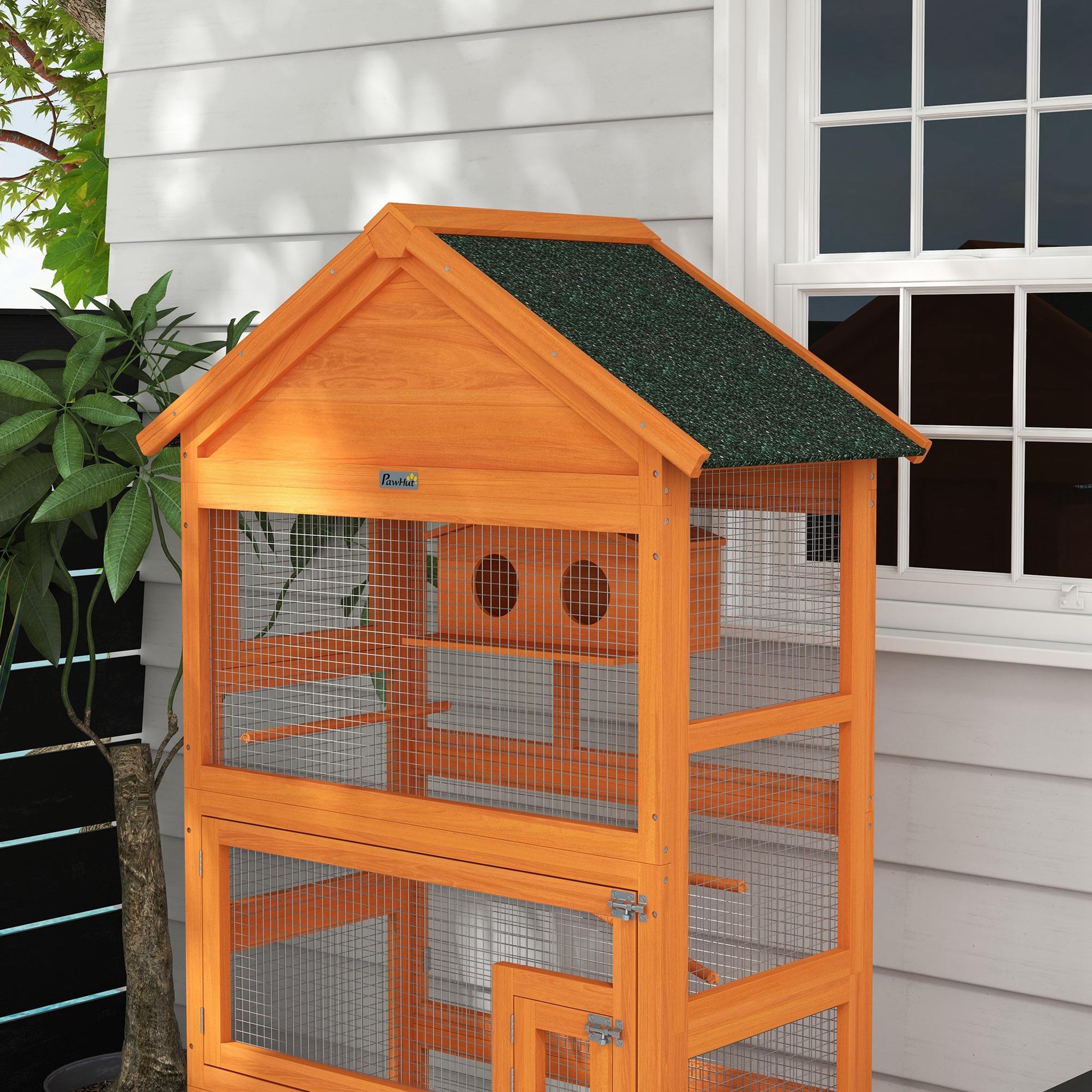 Voir la diapositive 5 : PAWHUT Cage à oiseaux volière grande taille 2 portes trappe toit asphalte tiroir amovible bois pré-huilé