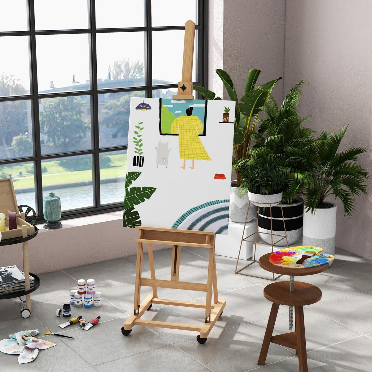 VINSETTO Chevalet d'artiste pliable sur roulettes hauteur réglable inclinaison réglable 90° max. niche rangement bois de hêtre