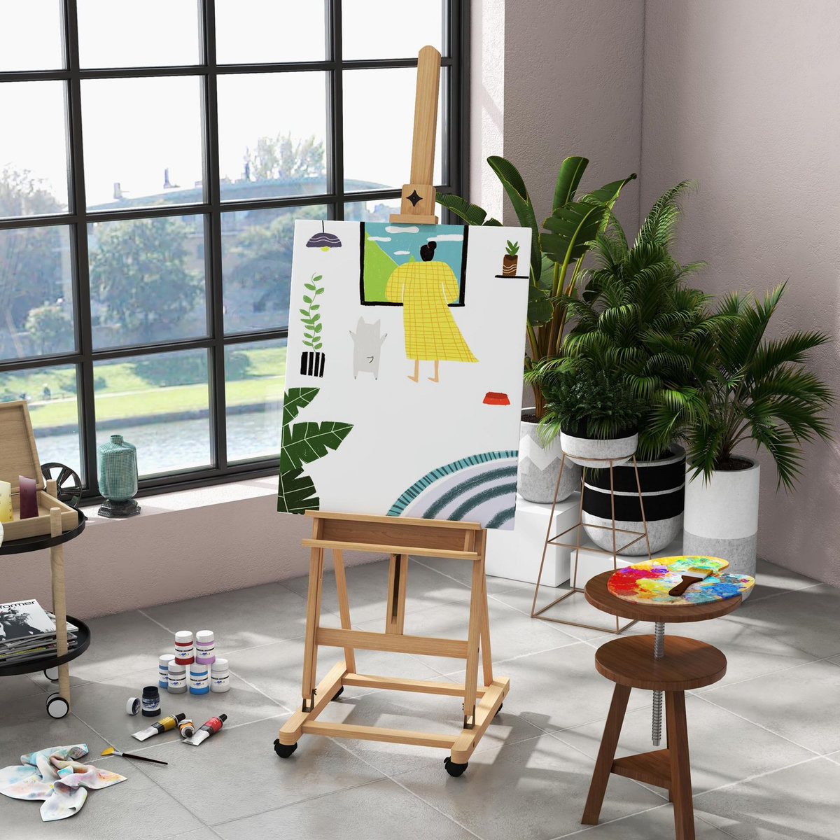 VINSETTO Chevalet d'artiste pliable sur roulettes hauteur réglable inclinaison réglable 90° max. niche rangement bois de hêtre