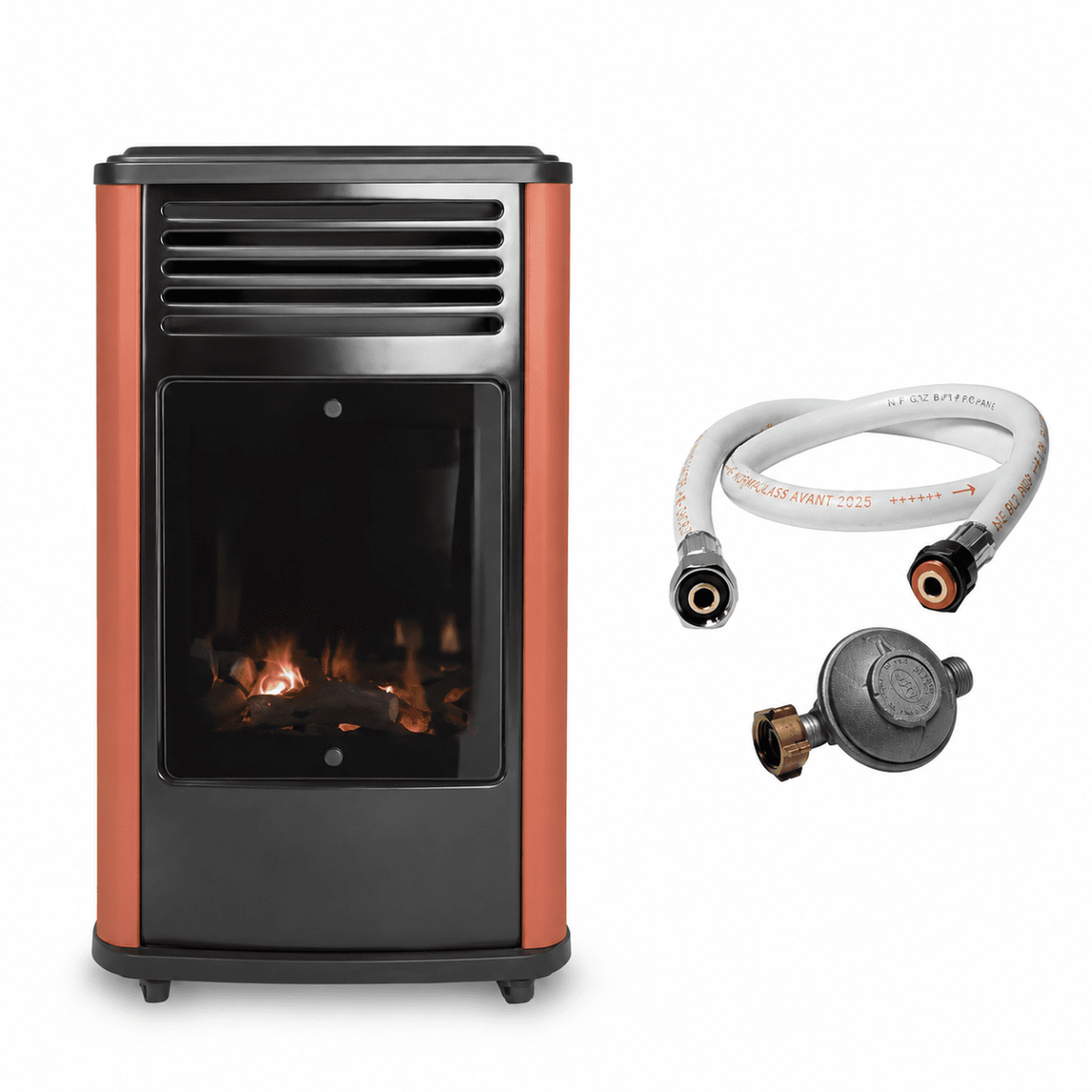 SAHARA Poêle à gaz mobile 3,4kw effet feu de bois - chauffage gaz rouge & noir + tuyau gaz + détendeur butane manhattan sahara