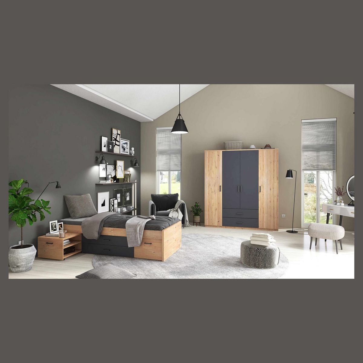 Lit simple multi-rangements chevet intégré 90x200 cm NAYA