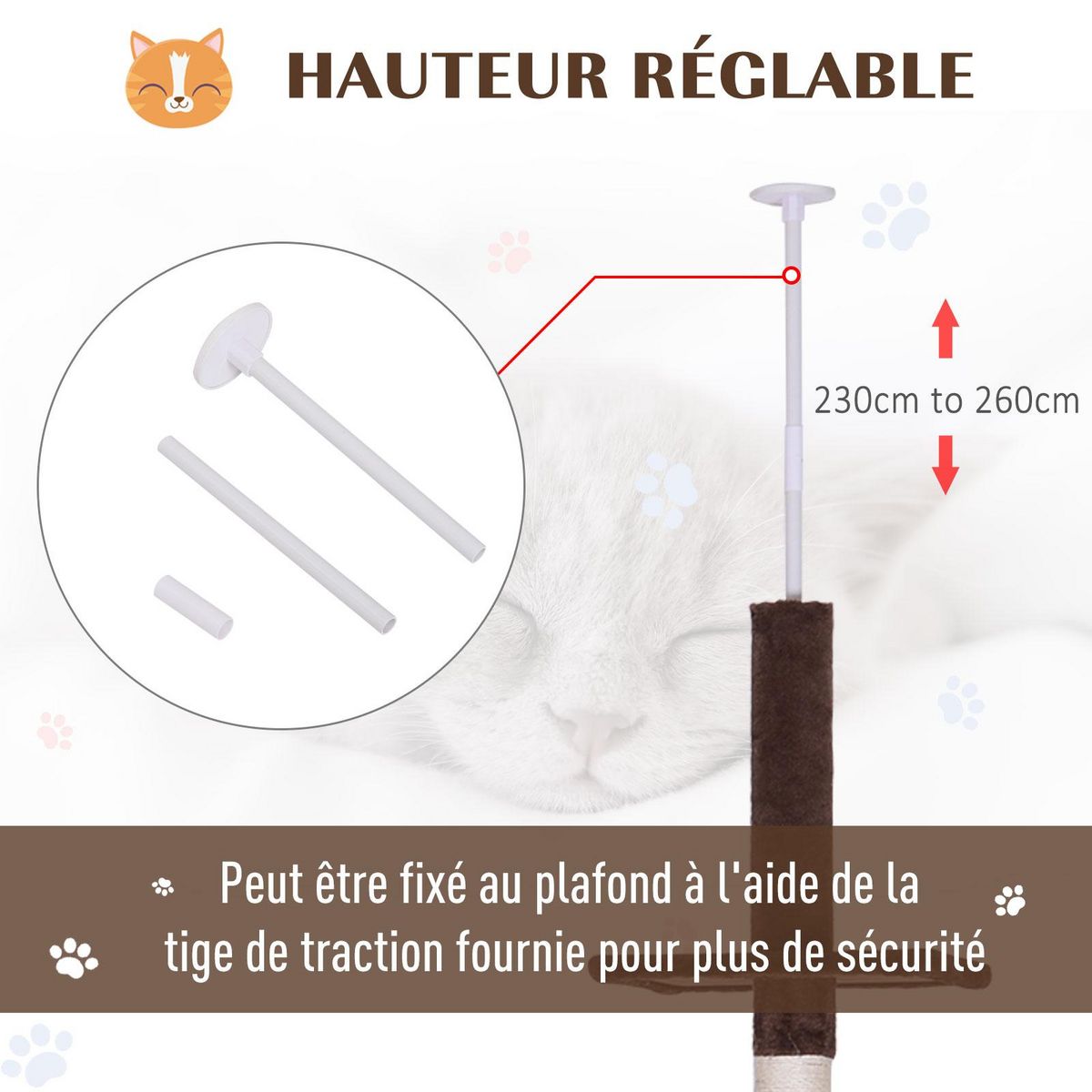 PAWHUT Arbre à chat poteau à griffer L40 x l 34 x H 230-260 cm 5 niveaux d'activités marron
