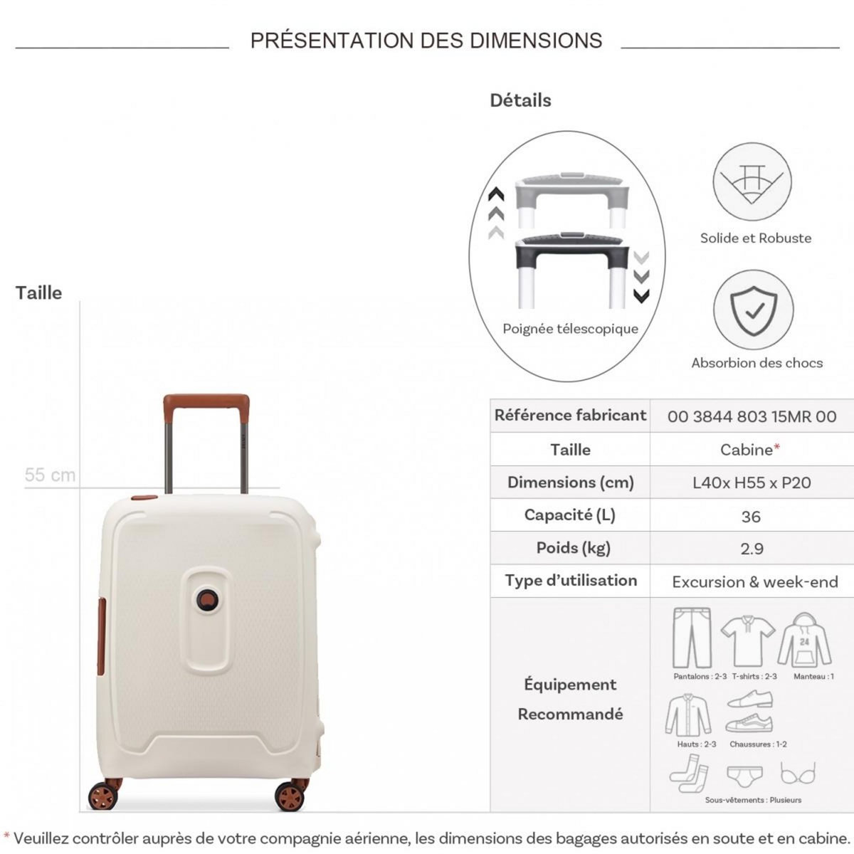 Delsey Valise Cabine Rigide Moncey 803 TSA Polypropylène