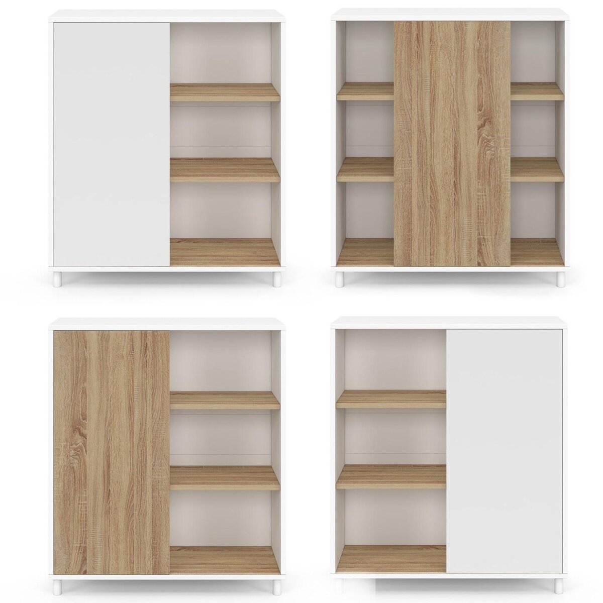 ID MARKET Buffet d'appoint 70 cm EASY montage facile sans outils 3 étagères et 1 porte coulissante réversible blanc et bois