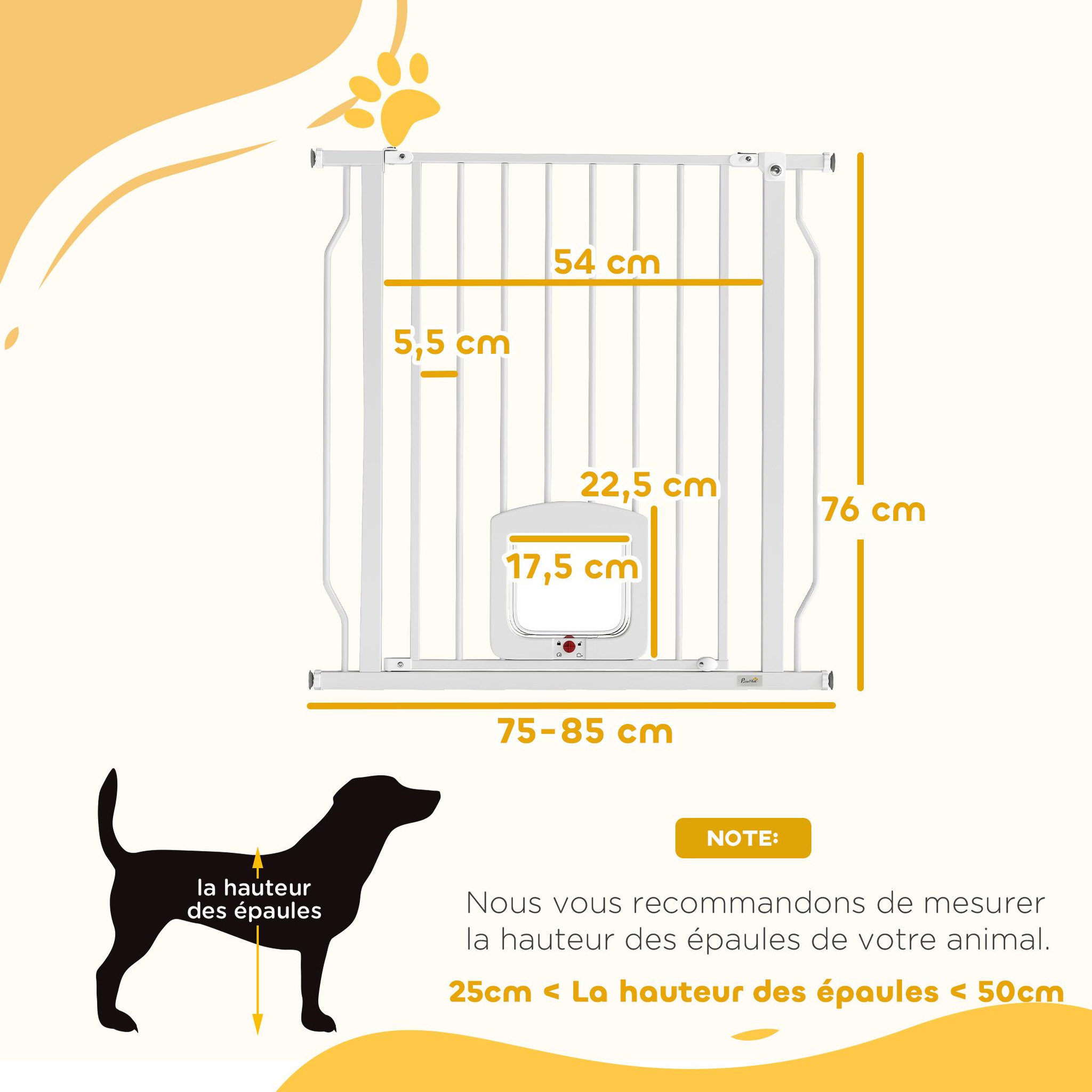 Voir la diapositive 3 : PAWHUT Barrière de sécurité chien extensible 75-85 cm fixation par pression sans percer h.76 cm blanc