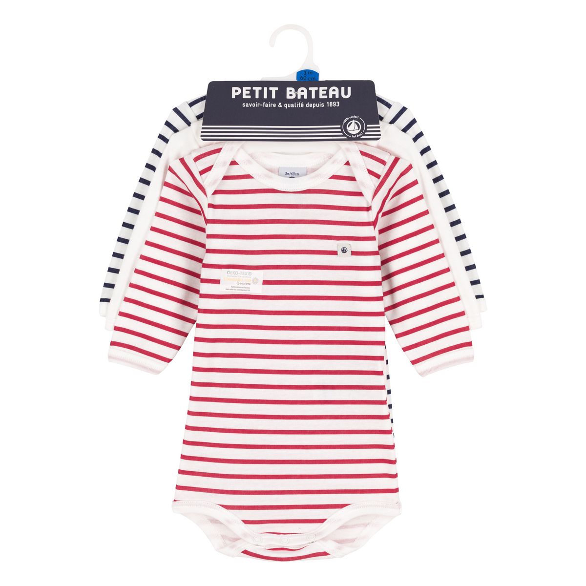 PETIT BATEAU Lot de 3 bodies manches longues mariniéres bébé 