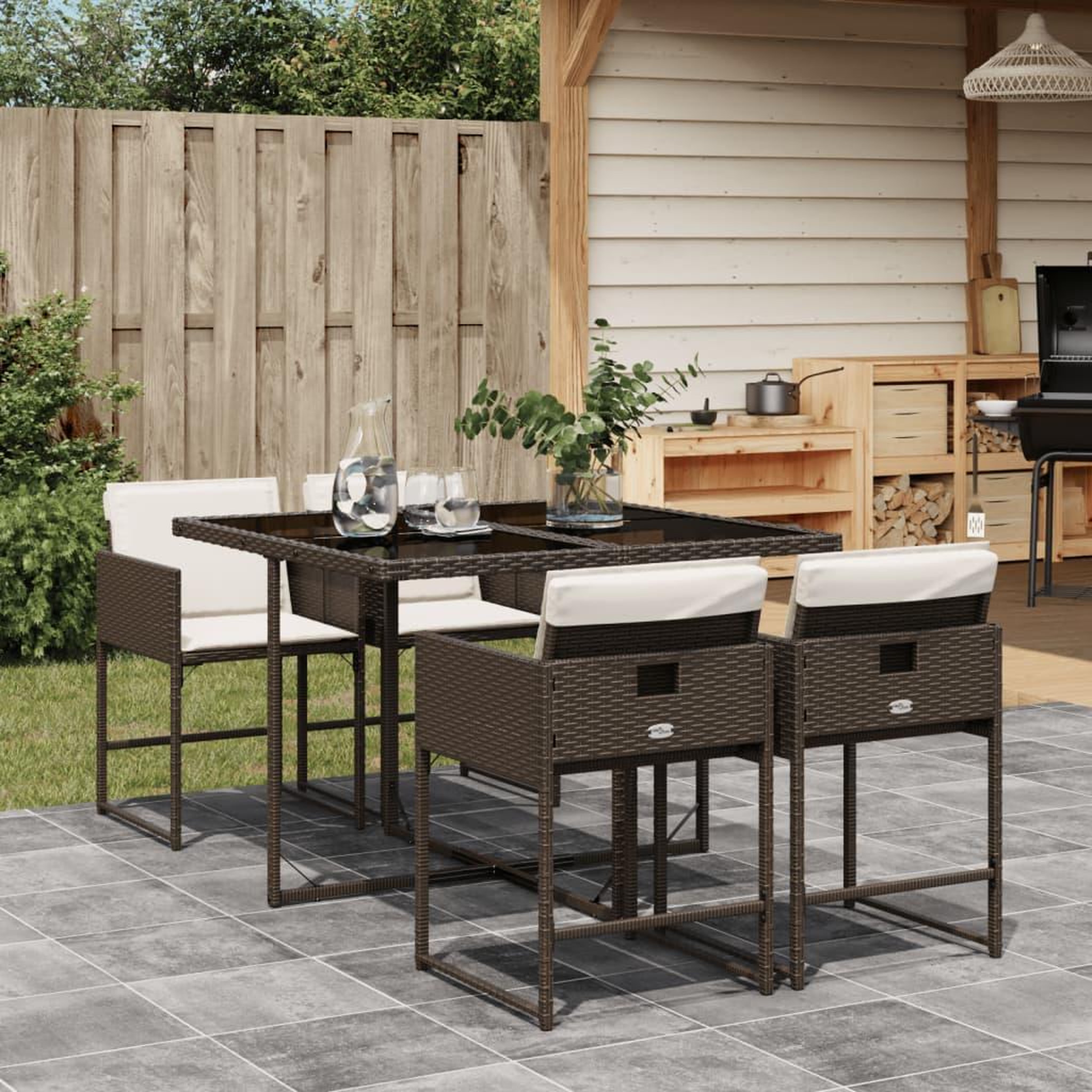 VIDAXL Ensemble a manger de jardin 5 pcs et coussins marron poly rotin