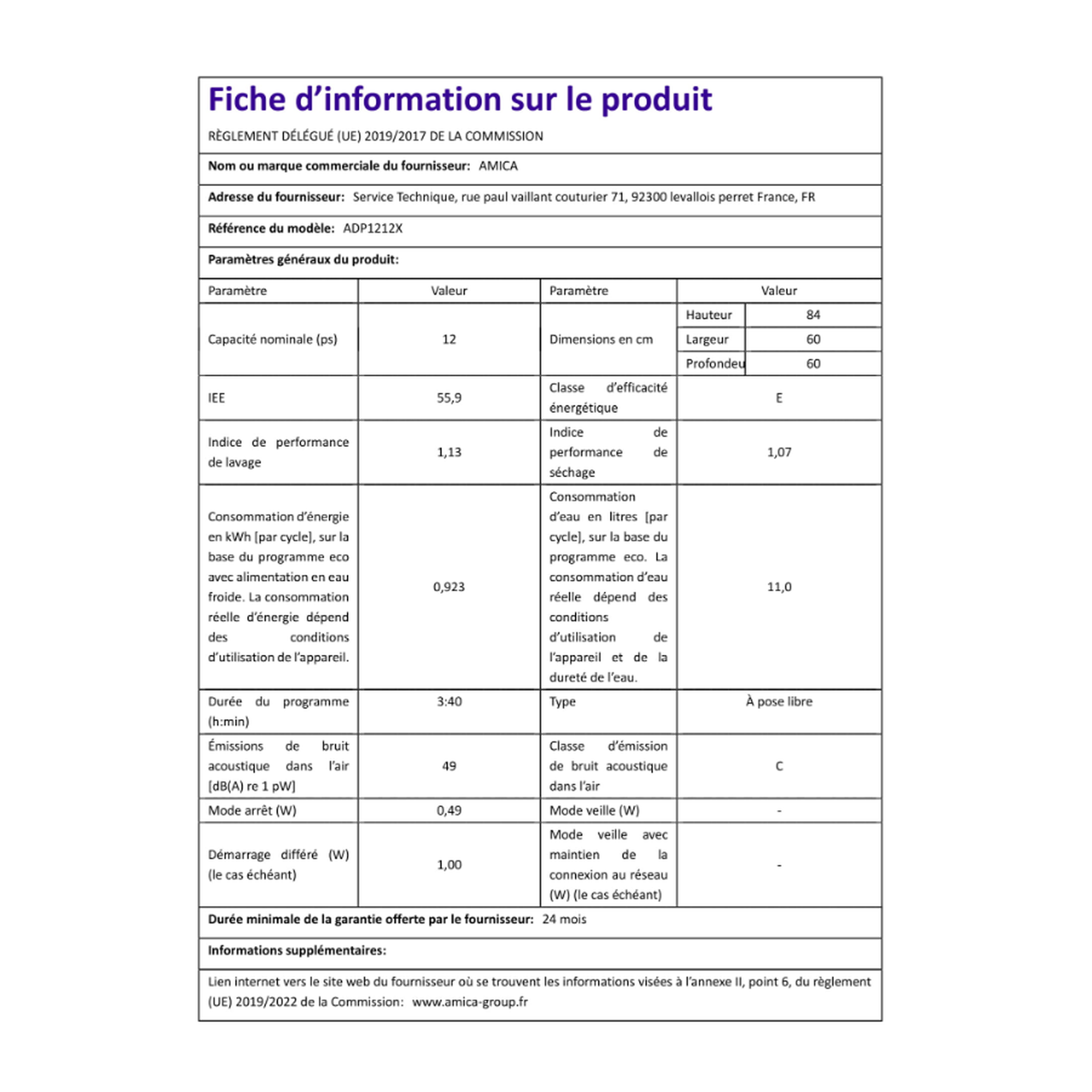 Voir la diapositive 5 : Amica Lave-vaisselle 60cm 12 couverts 49db - ADP 1212 X