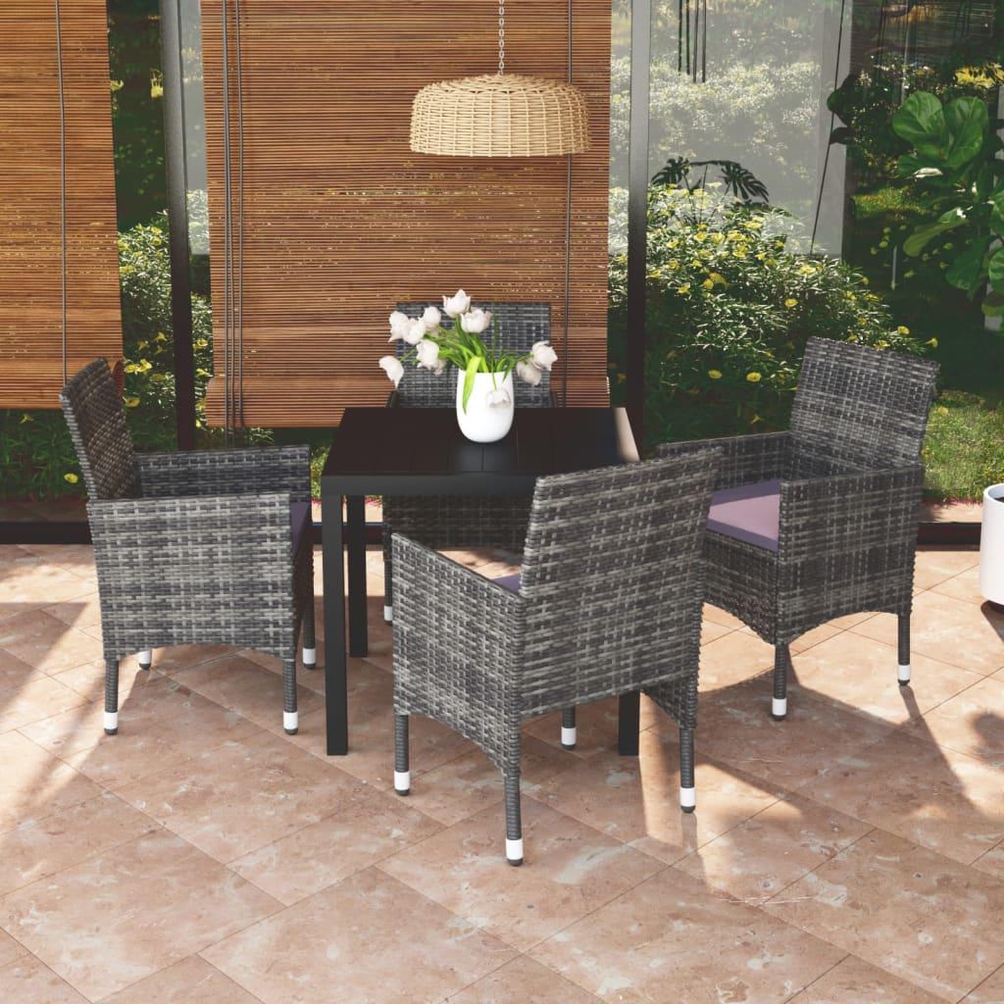 VIDAXL Ensemble a manger de jardin coussins 5pcs Resine tressee Gris