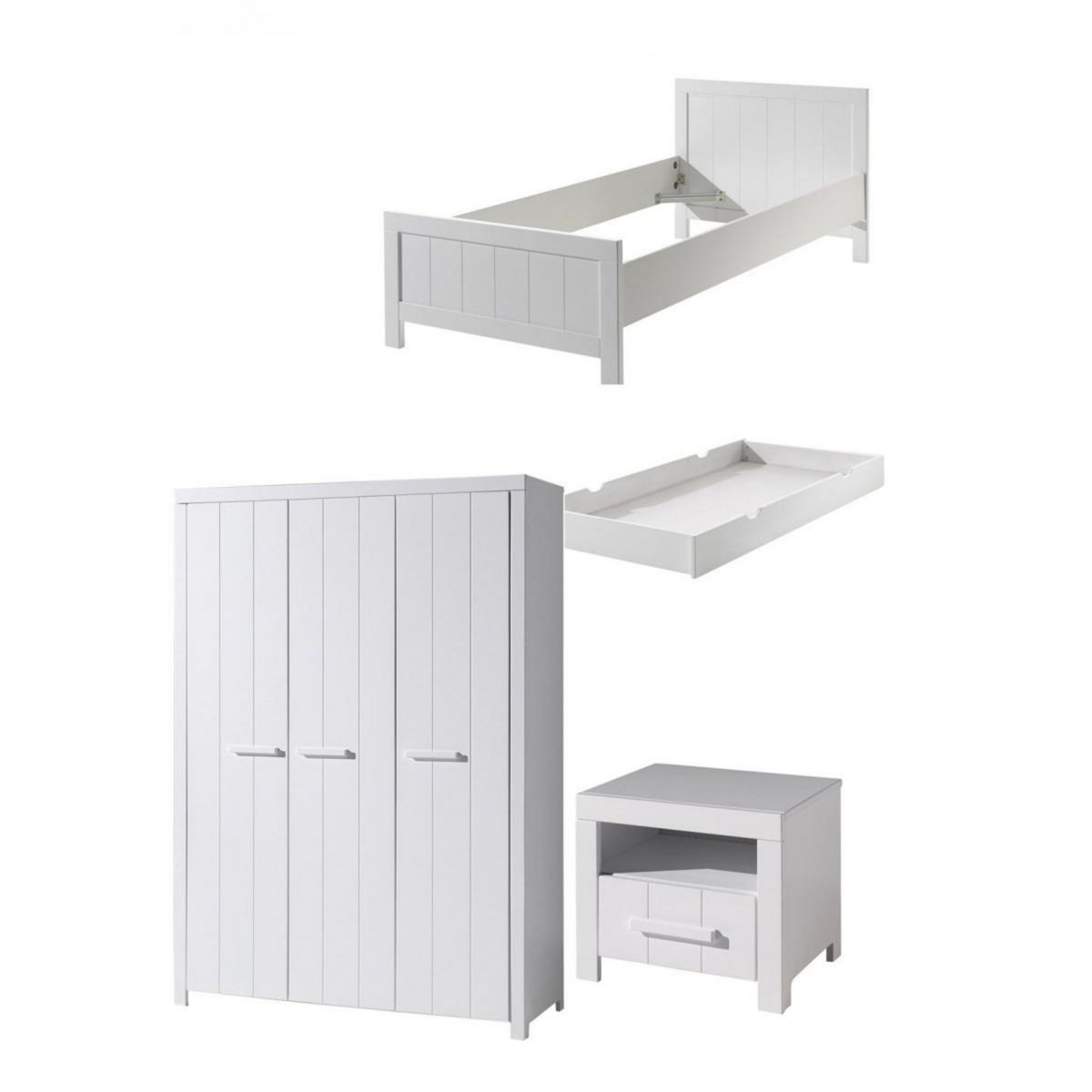 Vipack Lit Simple 90x200 cm Vipack Erik avec Chevet, Armoire 3 Portes et Lit Gigogne - Ensemble pour Chambre d'Enfant