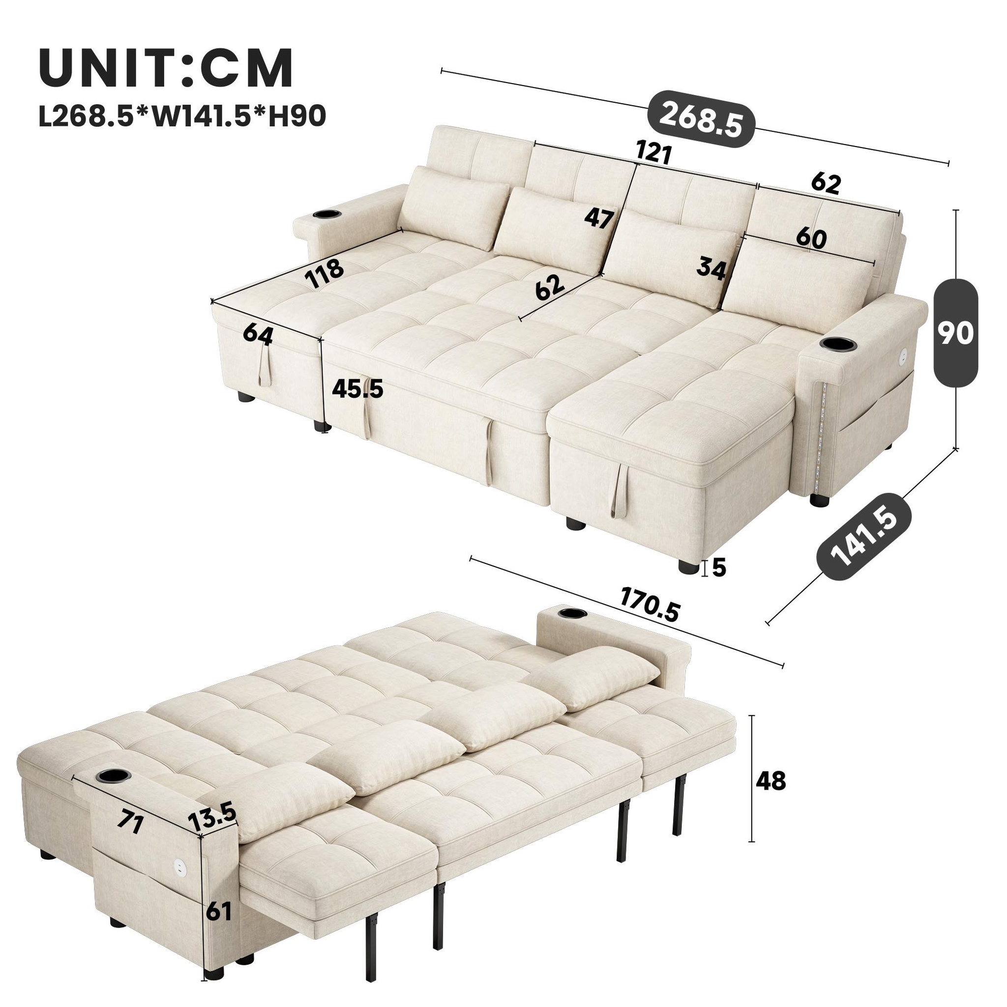 Voir la diapositive 3 : MERAX Canapé d'angle u convertible 4 places avec dossier réglable led usb type-c tissu chenille