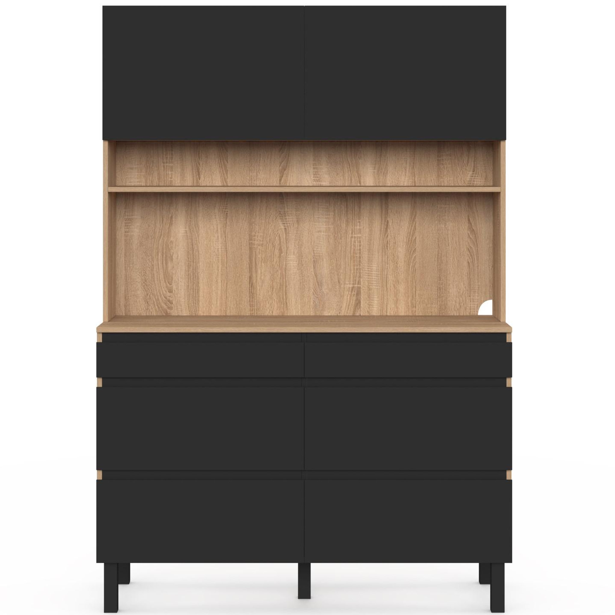 Voir la diapositive 3 : ID MARKET Buffet double casserolier de cuisine 120 cm claude 6 tiroirs + 1 placard bois et noir