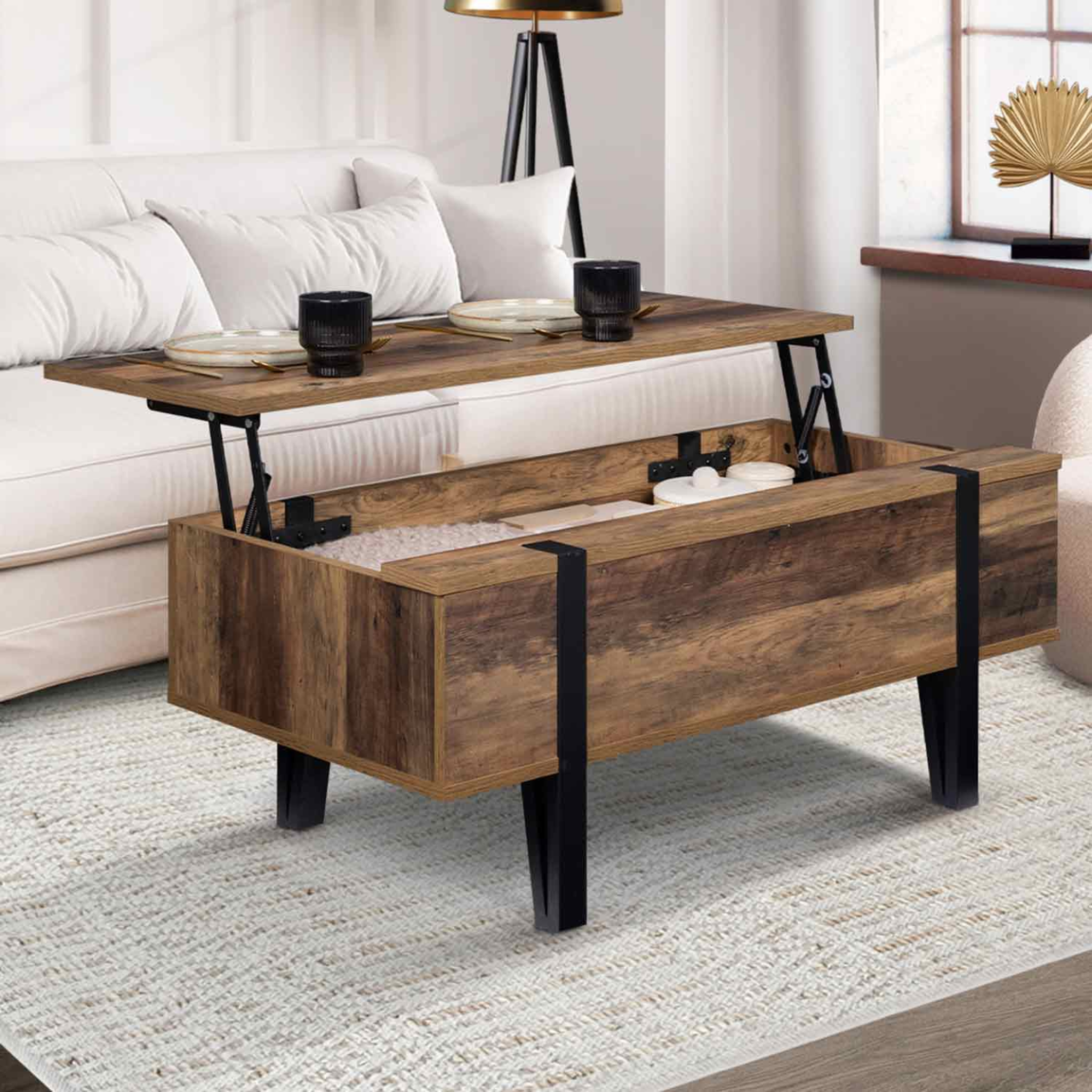 Voir la diapositive 2 : ID MARKET Table basse plateau relevable rectangulaire austria bois pied épingle