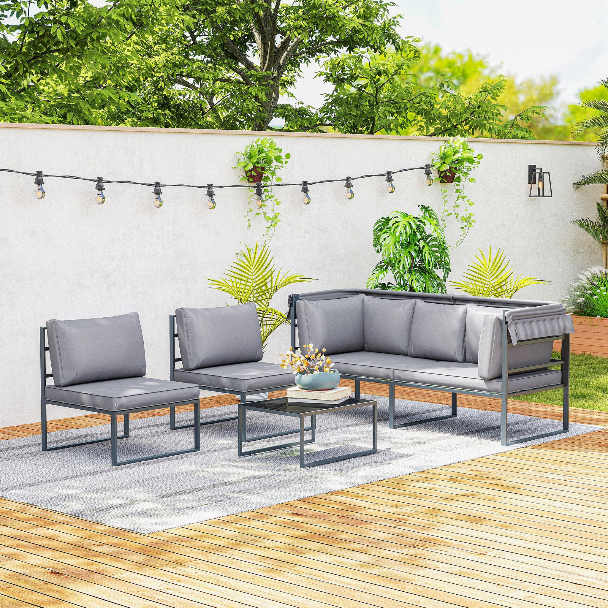 Voir la diapositive 2 : OUTSUNNY Salon de jardin 5 places 4 pièces - canapé avec auvent rétractable - coussins déhoussables gris