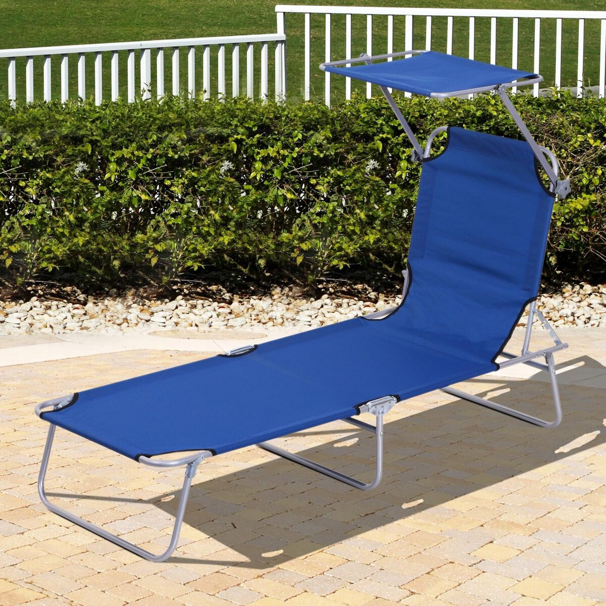 OUTSUNNY Transat bain de soleil pliable grand confort dossier et pare-soleil réglable multi-positions bleu