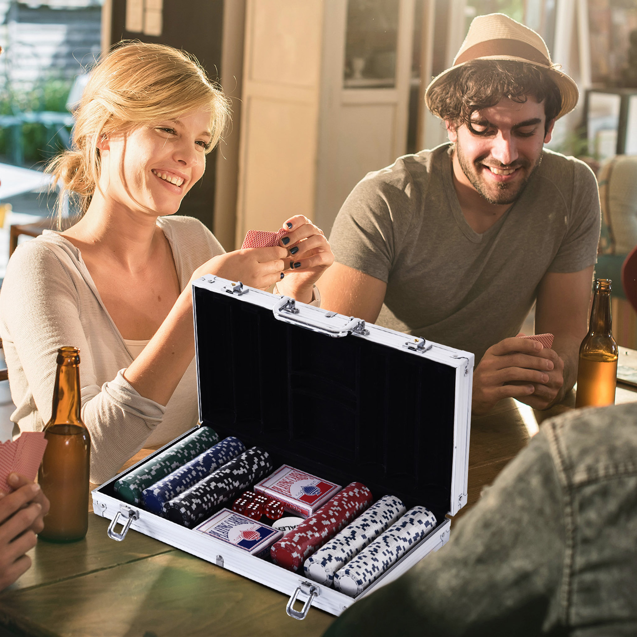 Voir la diapositive 2 : HOMCOM Mallette pro de poker coffret pro poker 38L x 21l x 6,5H cm 300 jetons 2 jeux de cartes + 2 clés aluminium