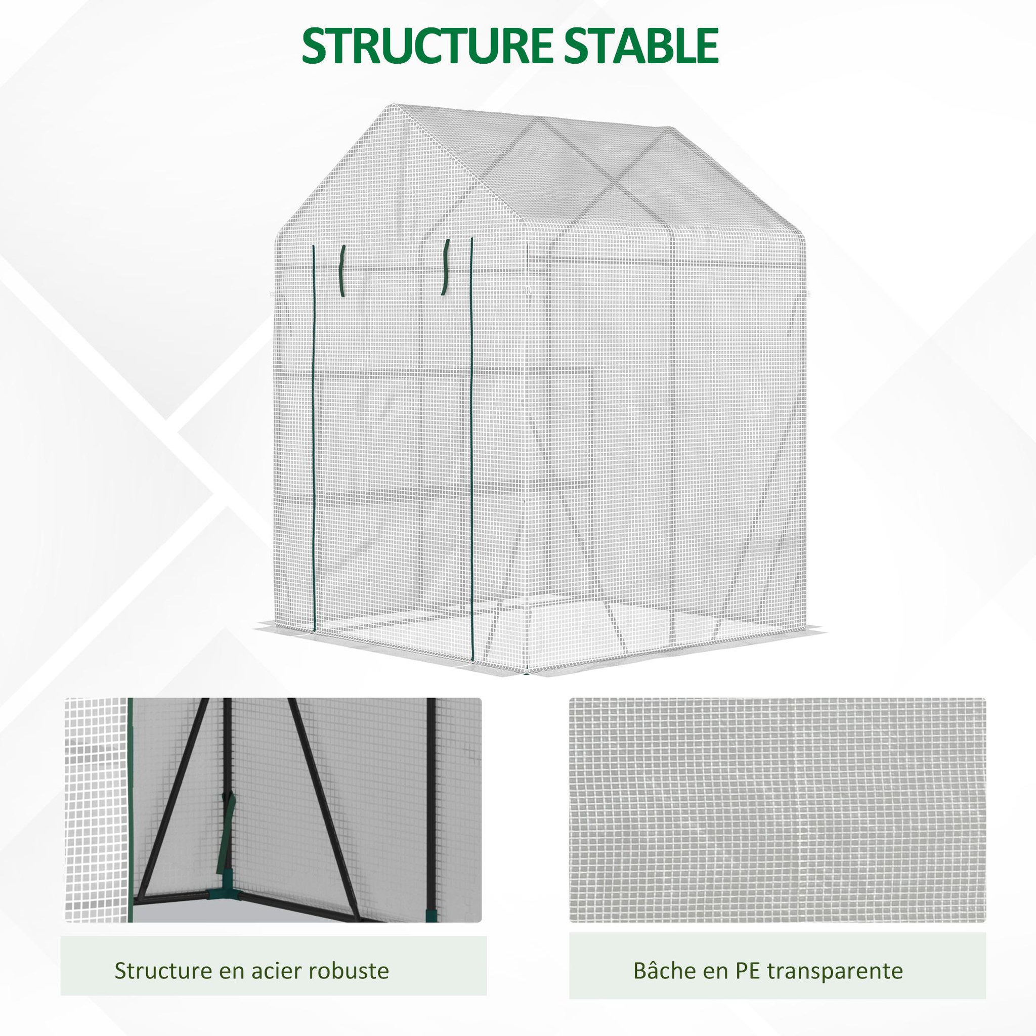 Voir la diapositive 6 : OUTSUNNY Serre de jardin 2 tablettes dim. 1,43l x 1,43l x 1,95h m porte déroulante acier pe haute densité 140 g/m² transparent blanc