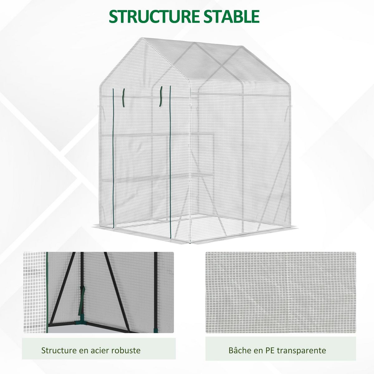 OUTSUNNY Serre de jardin 2 tablettes dim. 1,43L x 1,43l x 1,95H m porte déroulante acier PE haute densité 140 g/m² transparent blanc