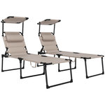 OUTSUNNY Lot de 2 bains de soleil transats pliables réglables avec pare-soleil taupe