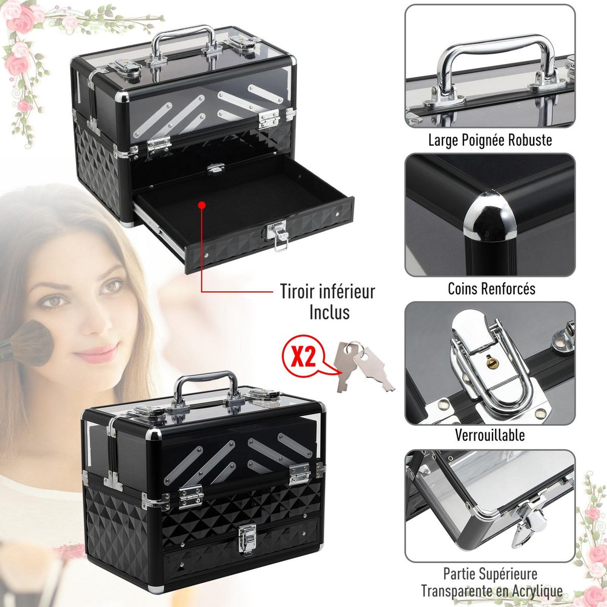 HOMCOM Mallette à maquillage - coffre à cosmétiques - rangement produits de beauté - dim. 30L x 18l x 22H cm - poignée serrure alu. acrylique