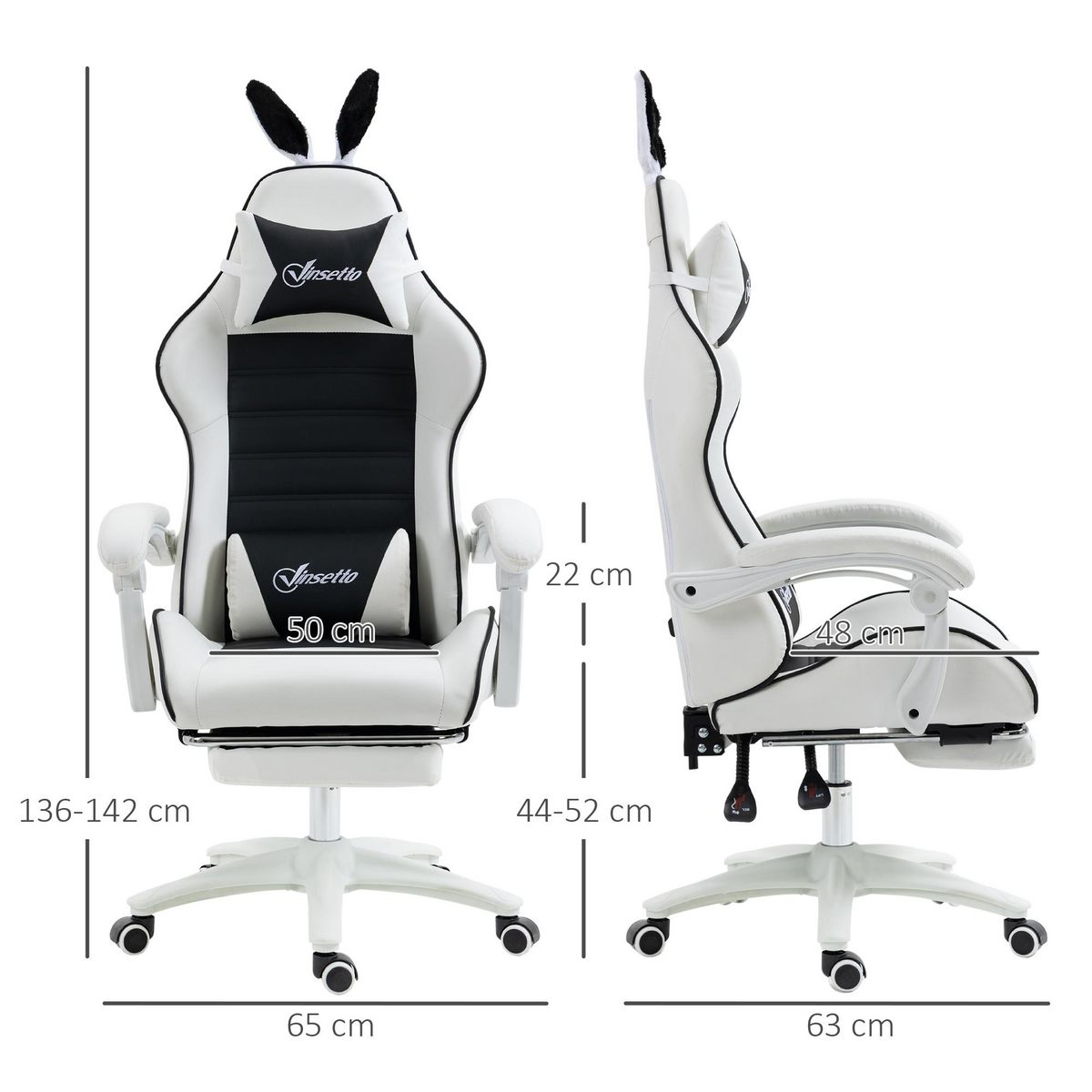 VINSETTO Chaise gaming fauteuil gamer inclinable réglable repose-pied rétractable oreilles de lapin amovibles noir blanc
