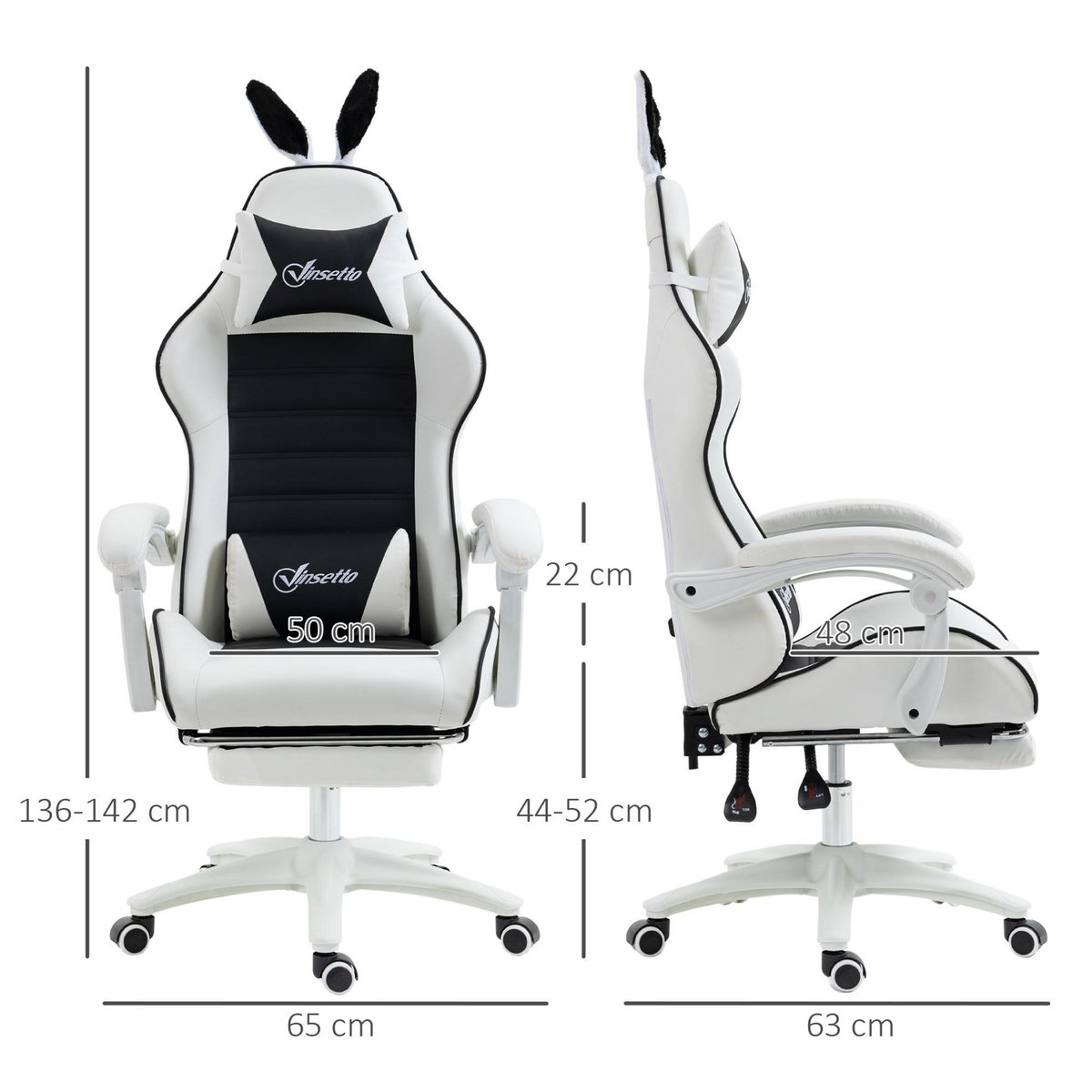 VINSETTO Chaise gaming fauteuil gamer inclinable réglable repose-pied rétractable oreilles de lapin amovibles noir blanc