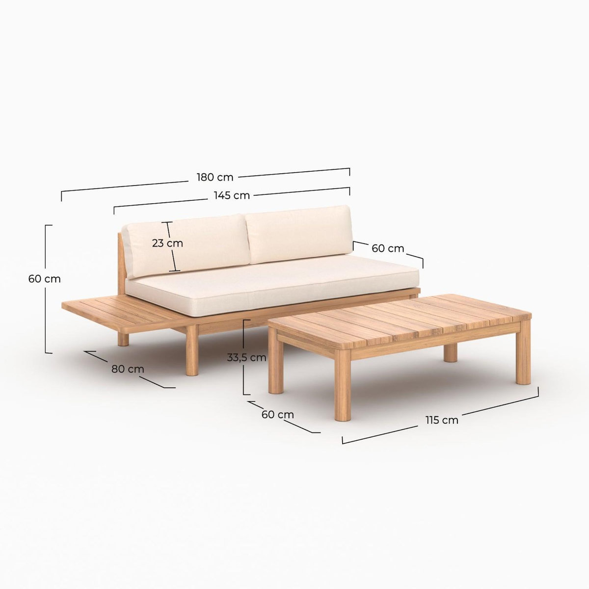 Rendez vous déco Salon de jardin 2 personnes en teck massif et tissu blanc-Nadila