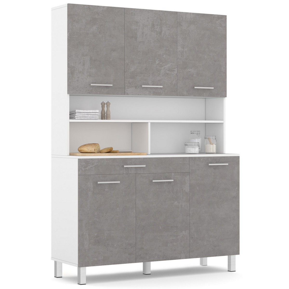 ID MARKET Buffet de cuisine 120 CM CINA 6 portes + tiroir blanc et effet béton