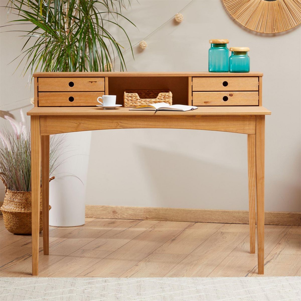 IDIMEX Bureau MILANO en pin massif avec 4 tiroirs et 1 niche