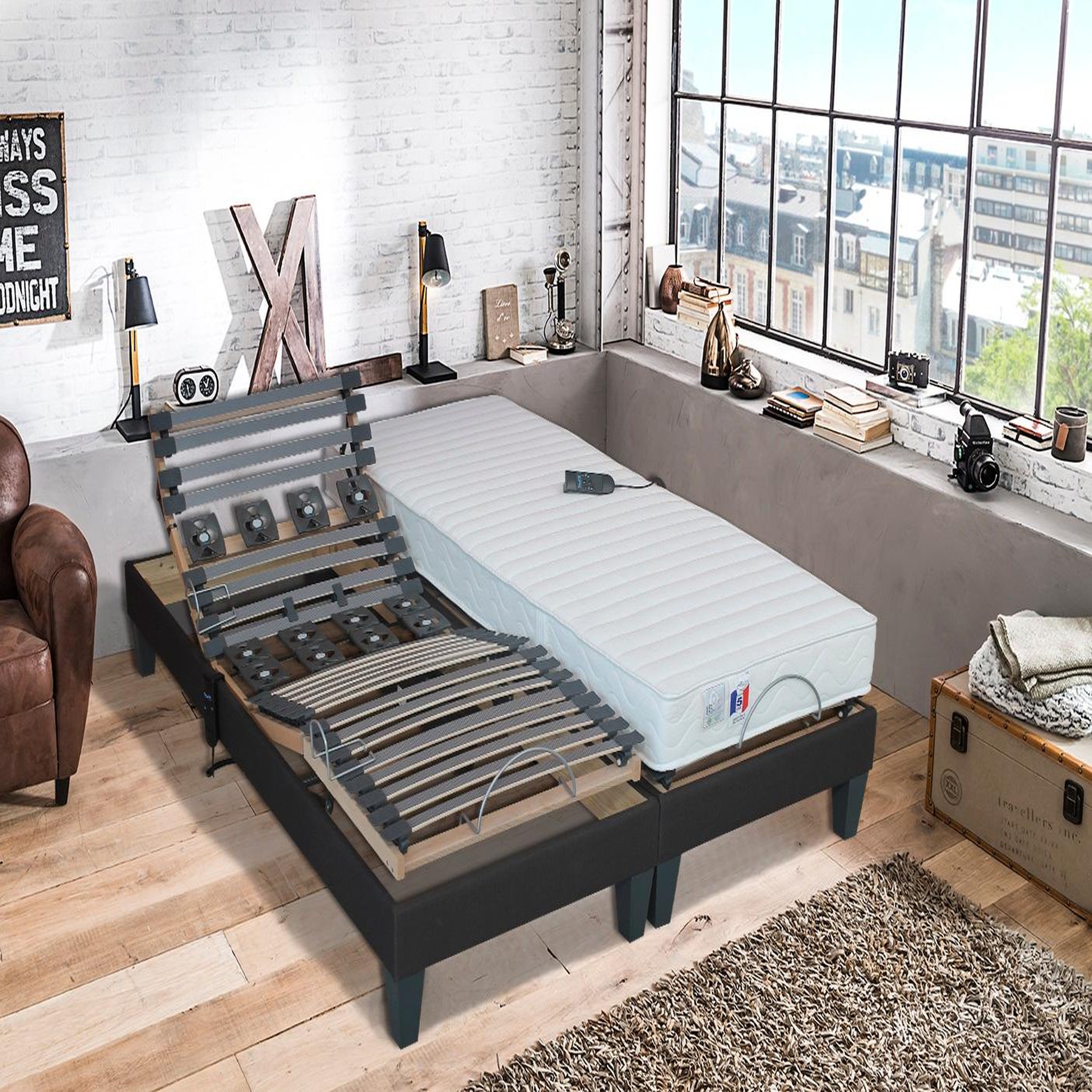 Voir la diapositive 2 : Ensemble relaxtion TPR électrique accueil mousse mémoire de forme + mousse Haute Résilience + sommier  2x80x200 cm DORSOTONIC