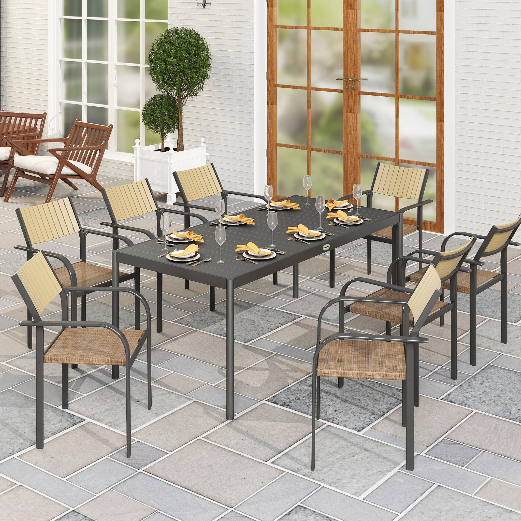 Voir la diapositive 4 : OUTSUNNY Table de jardin 8 personnes rectangulaire plateau effet lattes acier époxy anthracite