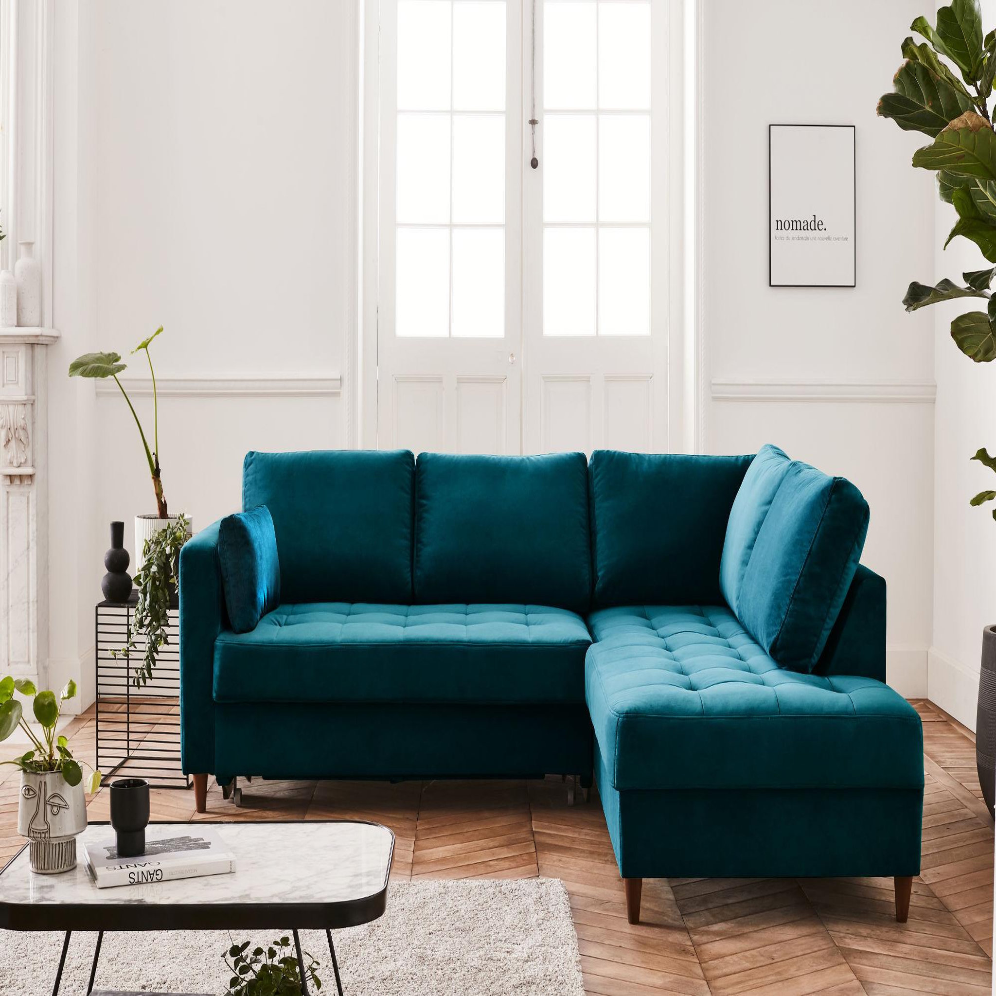 Voir la diapositive 2 : BEST MOBILIER Anna - canapé d'angle droit - 5 places - convertible - en velours