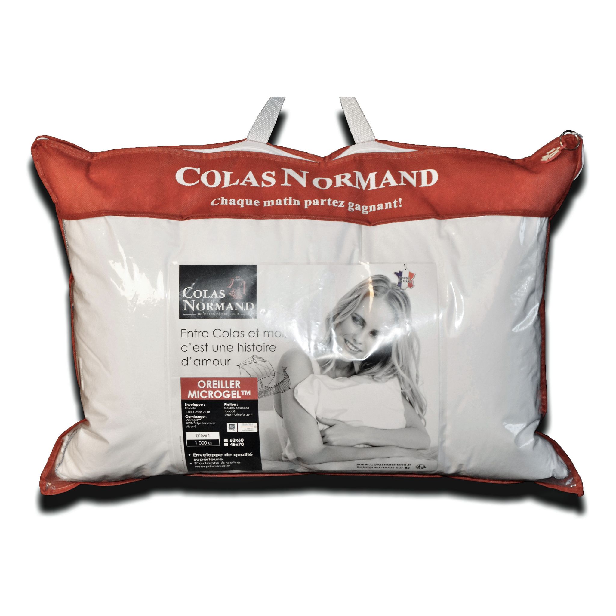 Oreiller Cervical Colas Normand - Gel Qualité Hôtel - Coton Percale 60x60cm - Fabriqué En France