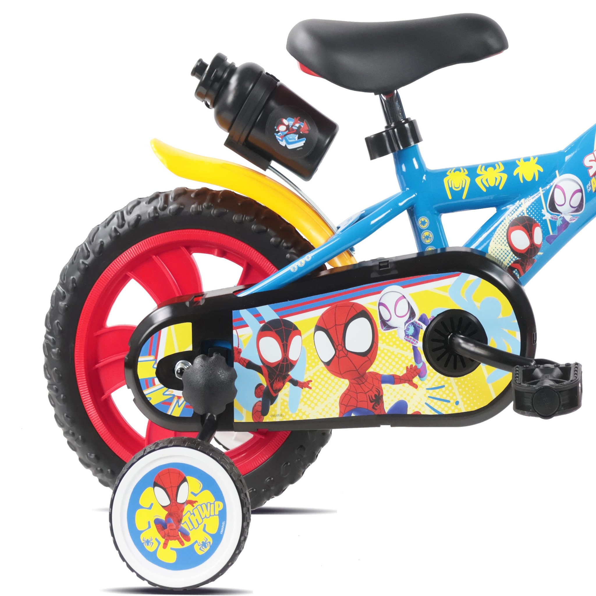Voir la diapositive 4 : Marvel Vélo enfant 12'' SPIDEY - Idéal pour enfant de taille < 90 cm - livré avec 1 frein, 2 stabilisateurs et plaque avant décorative !