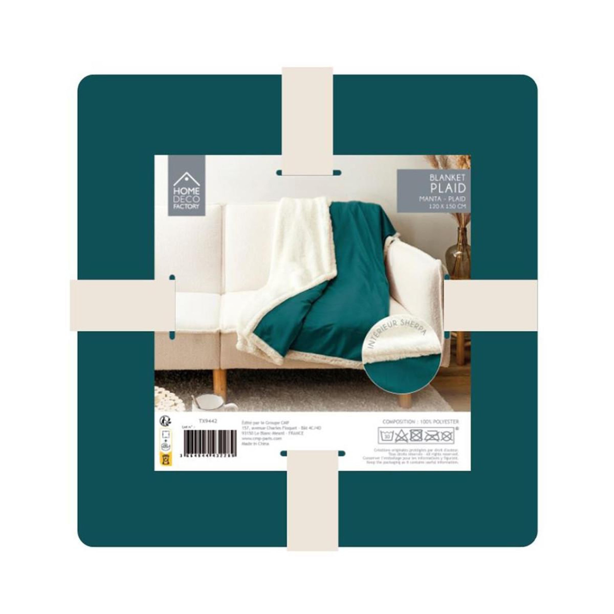 Voir la diapositive 4 : The Home Deco Factory Plaid microfibre  intérieur sherpa  120x150cm bleu canard
