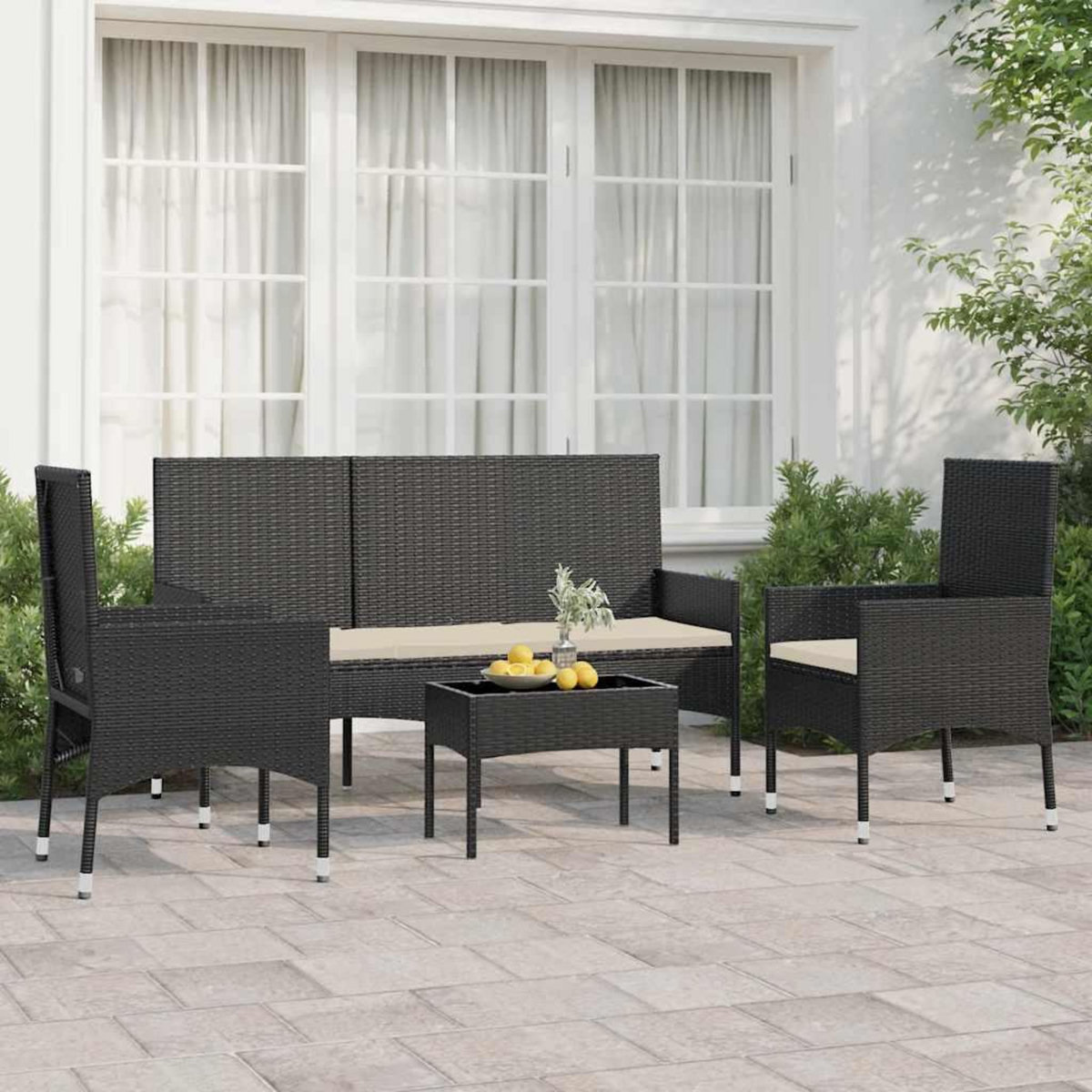 VIDAXL Salon de jardin 4 pcs avec coussins Noir Resine tressee