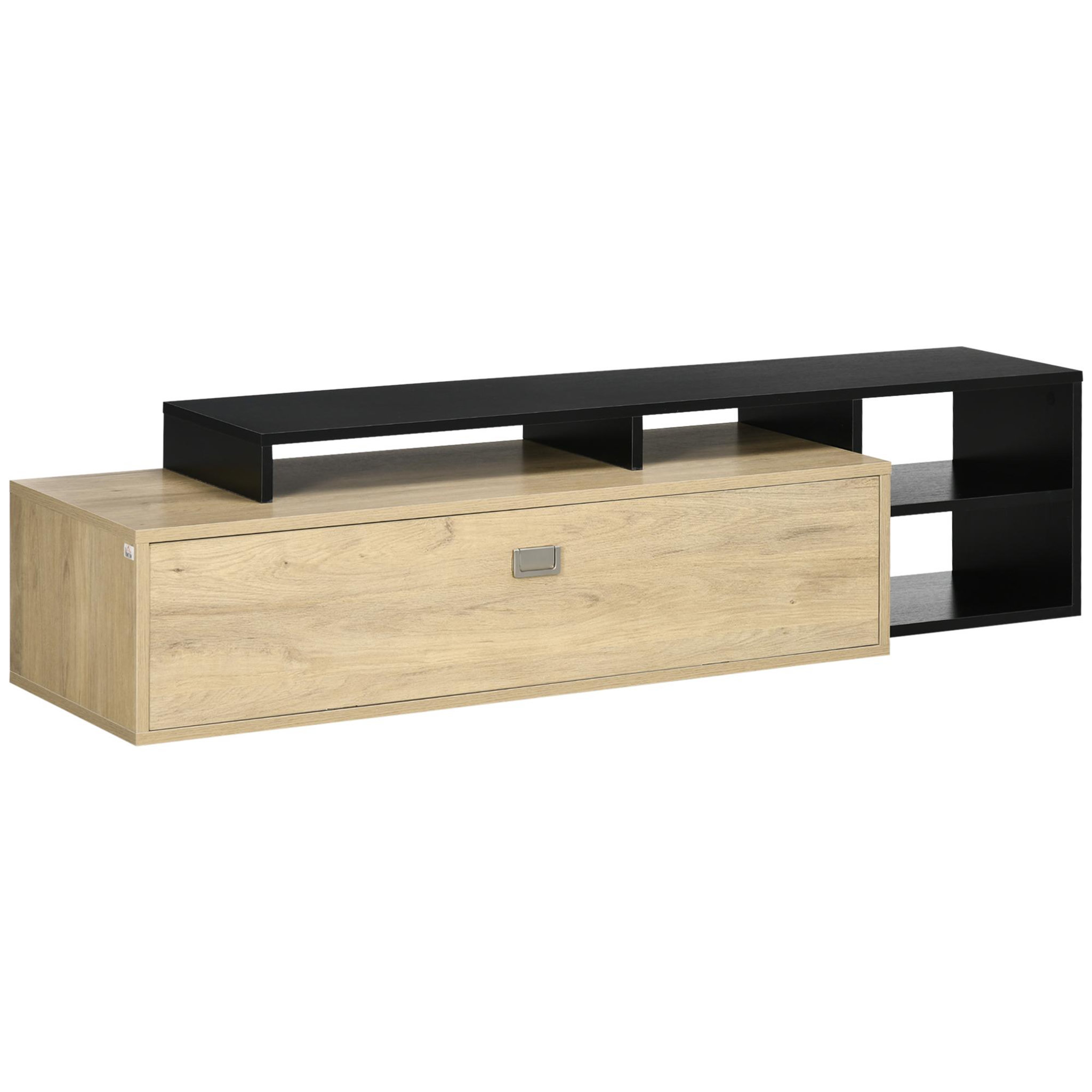 Voir la diapositive 1 : HOMCOM Meuble TV réversible design contemporain porte abattante 2 compartiments 4 niches MDF aspect chêne clair noir