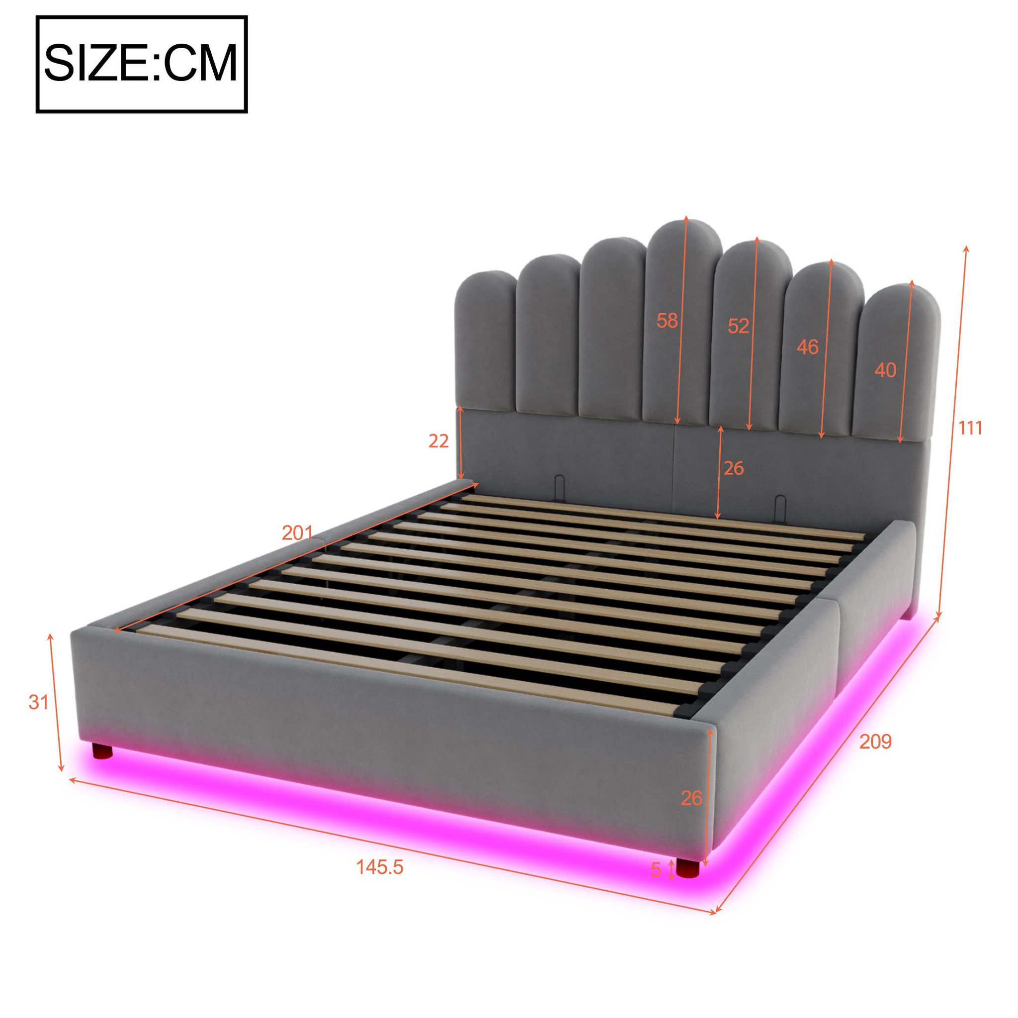 Voir la diapositive 3 : MERAX Lit coffre velours avec led, tête de lit capitonnée et sommier à lattes