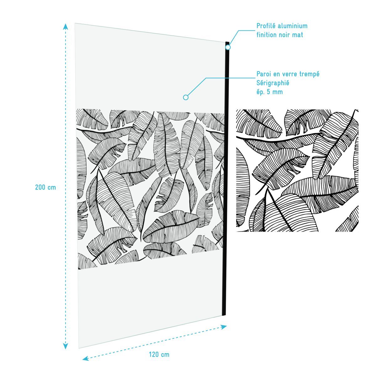 Paroi de douche à l'italienne motif feuillage noir 120x195 cm - JUNGLE 120