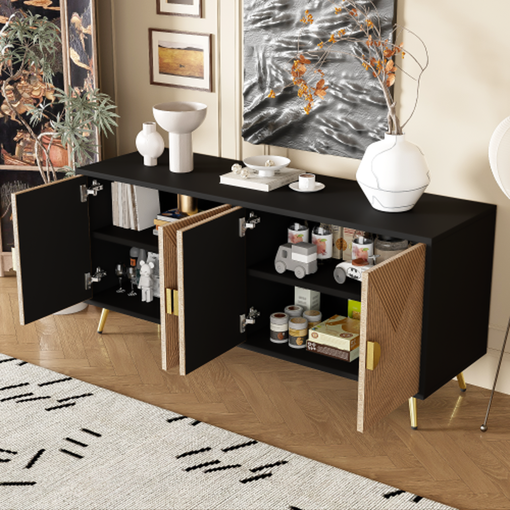Voir la diapositive 2 : MERAX Buffet 4 porte(s) 0 tiroir(s) - 160 cm noir+naturel mdf
