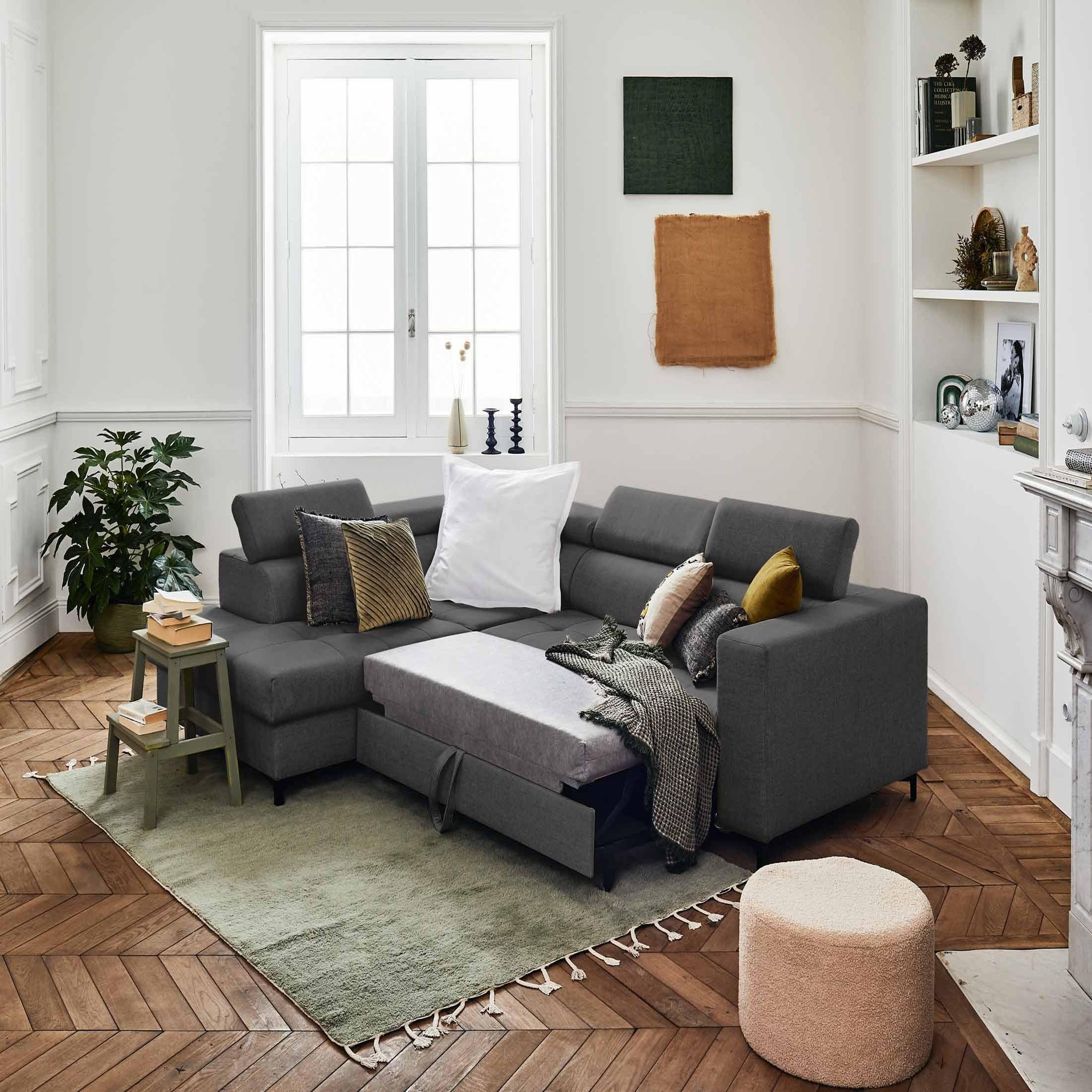Voir la diapositive 2 : LISA DESIGN Olinda - canapé d'angle gauche - 5 places - convertible avec coffre et têtières réglables - en tissu