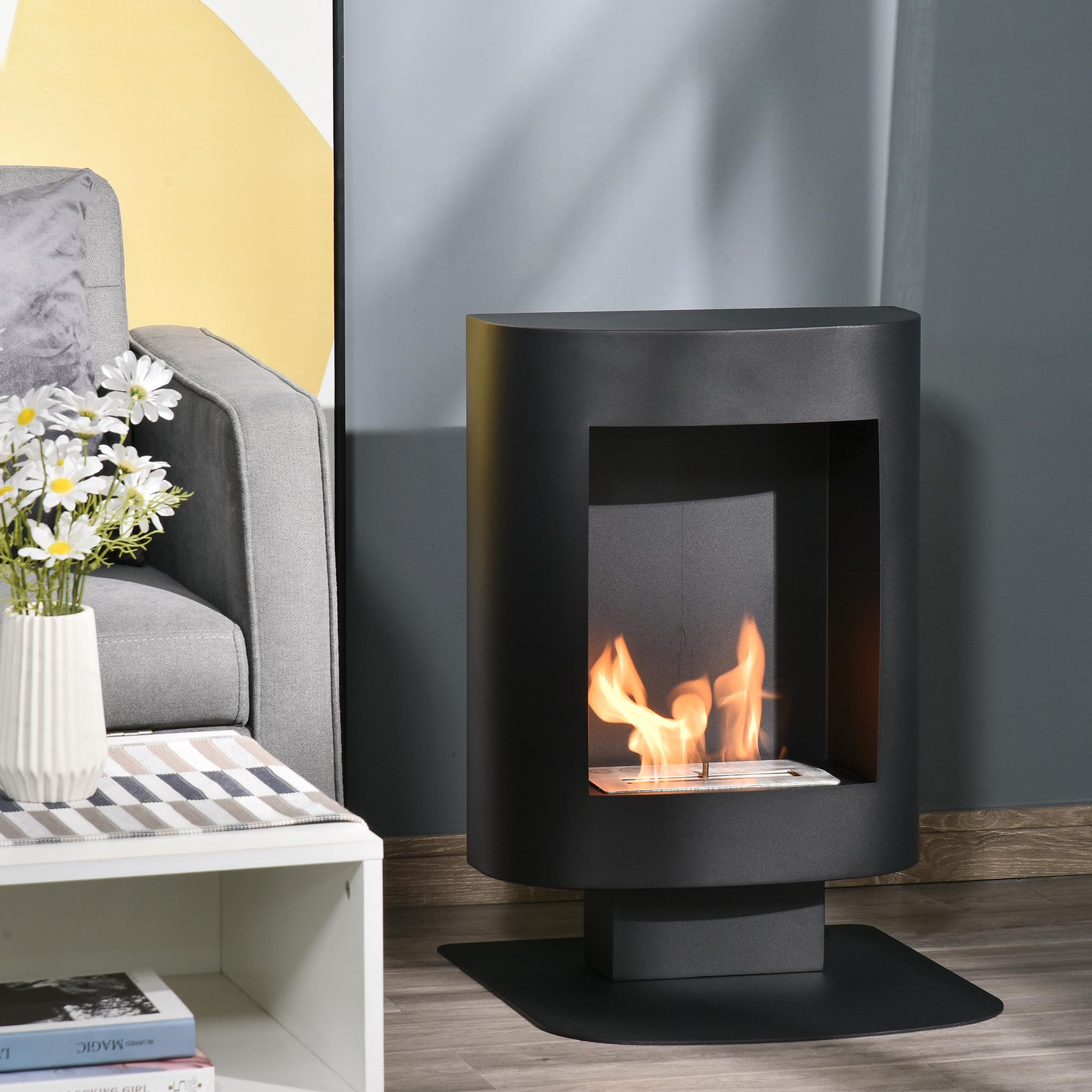 Voir la diapositive 2 : HOMCOM Cheminée bioéthanol sur pied design contemporain - brûleur 1,5 l - contrôle de flamme et manche inclus - acier noir