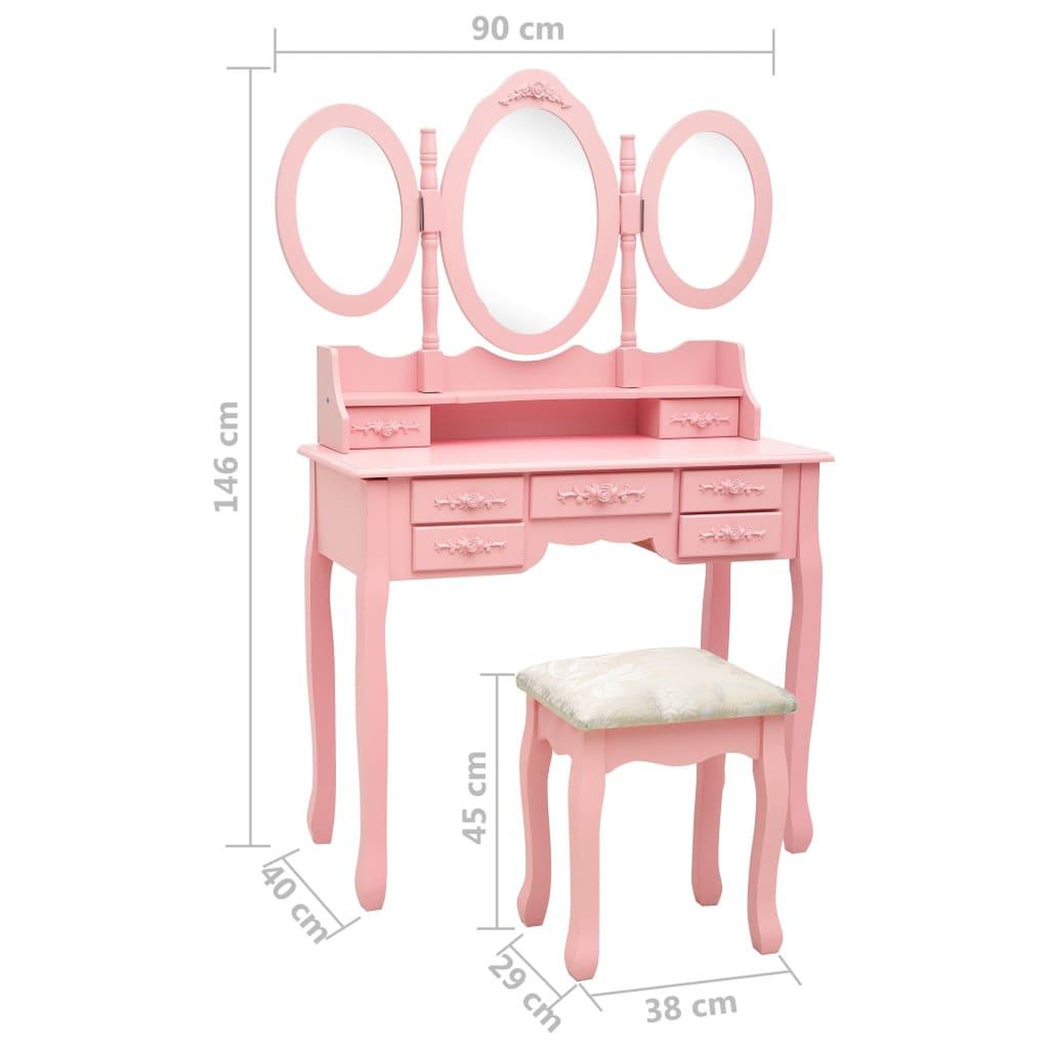 Voir la diapositive 6 : VIDAXL Coiffeuse avec tabouret et miroir pliable en 3 Rose